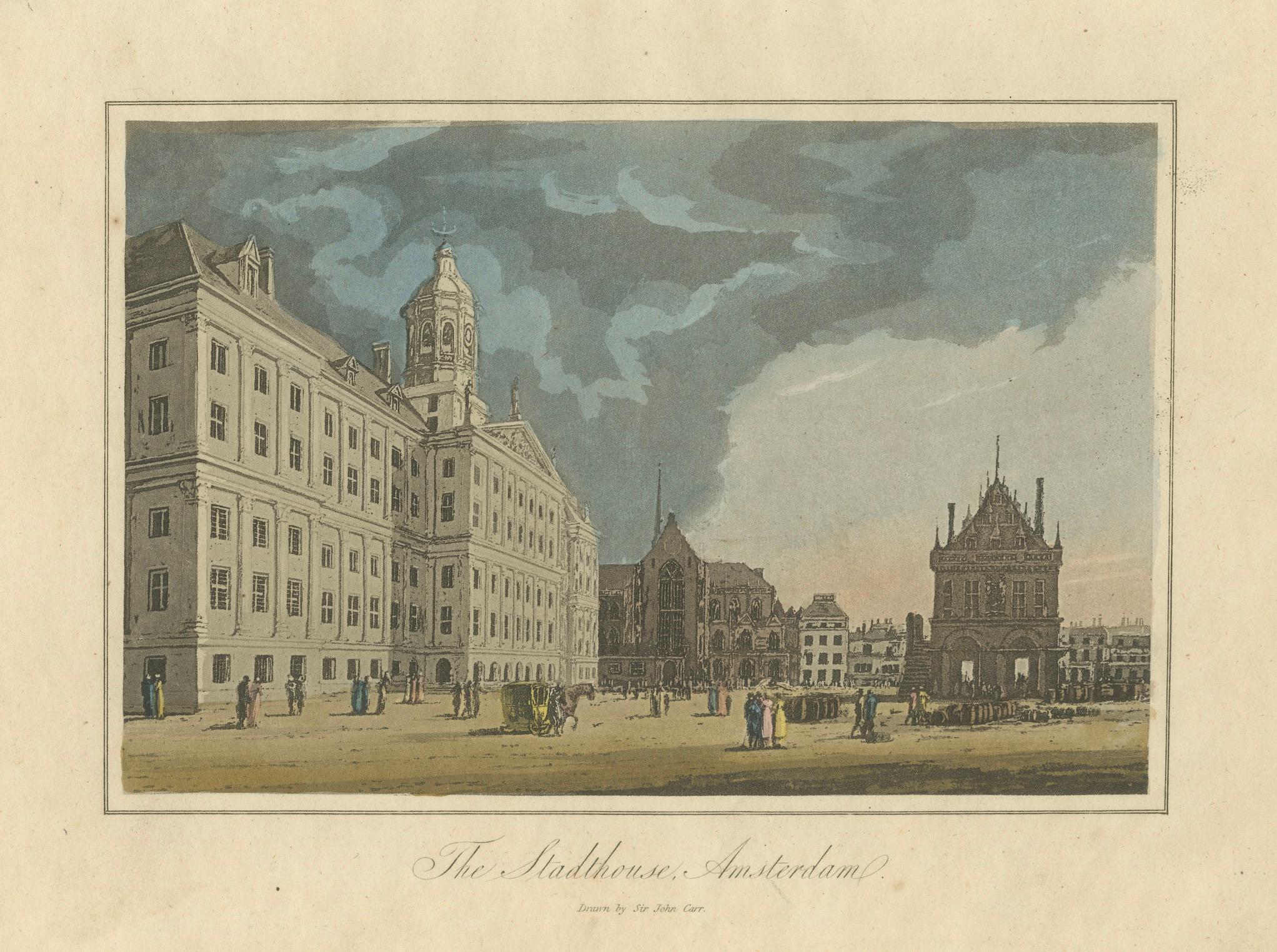 Antike Ansicht des Amsterdamer Rathauses, handkolorierte Gravur um 1818 im Angebot 1