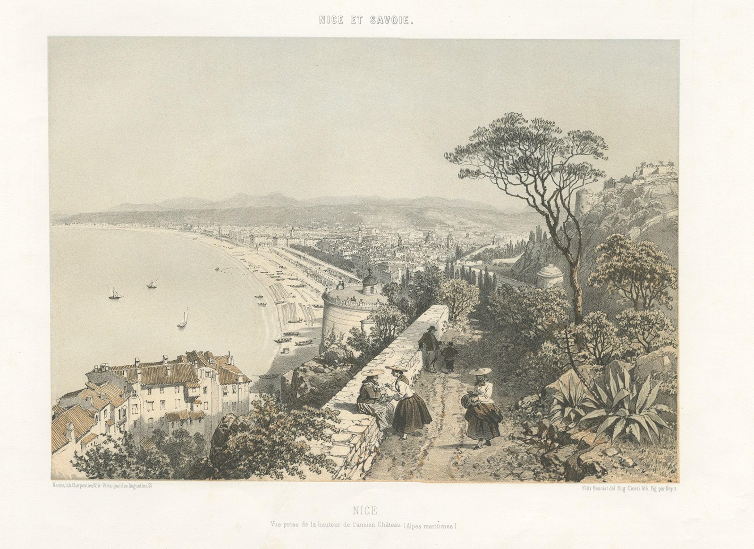 Carta Vista antica della città di Nizza sulla costa meridionale della Francia, 1865 ca. in vendita