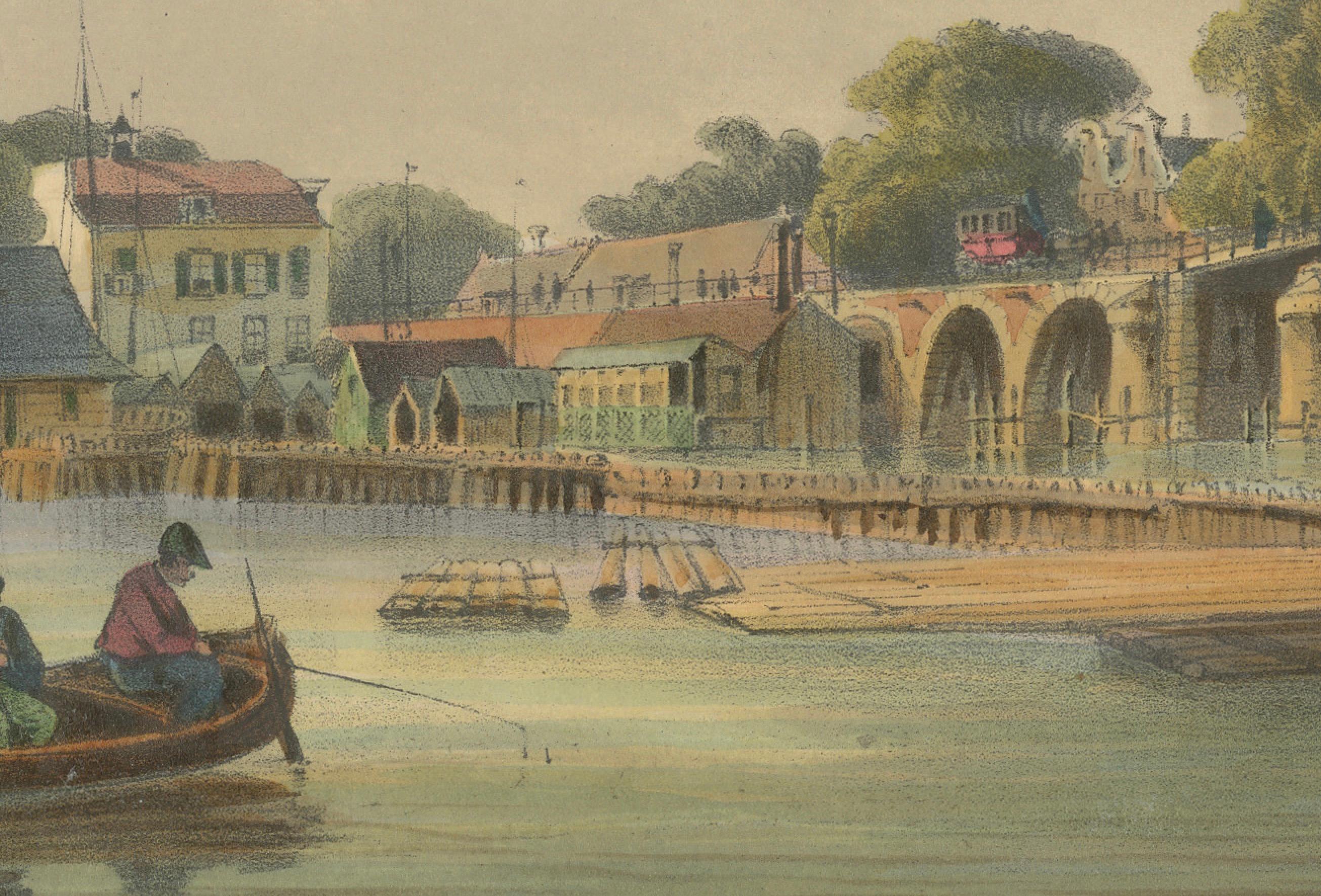 Antike Ansicht des Hoge Sluis, Amsterdam, handkolorierte Lithographie um 1850

Diese bezaubernde handkolorierte Lithographie mit dem Titel *De Hooge Sluis. Le Pont de l'Amstel* bietet einen seltenen und charmanten Blick auf die Hoge Sluis-Brücke