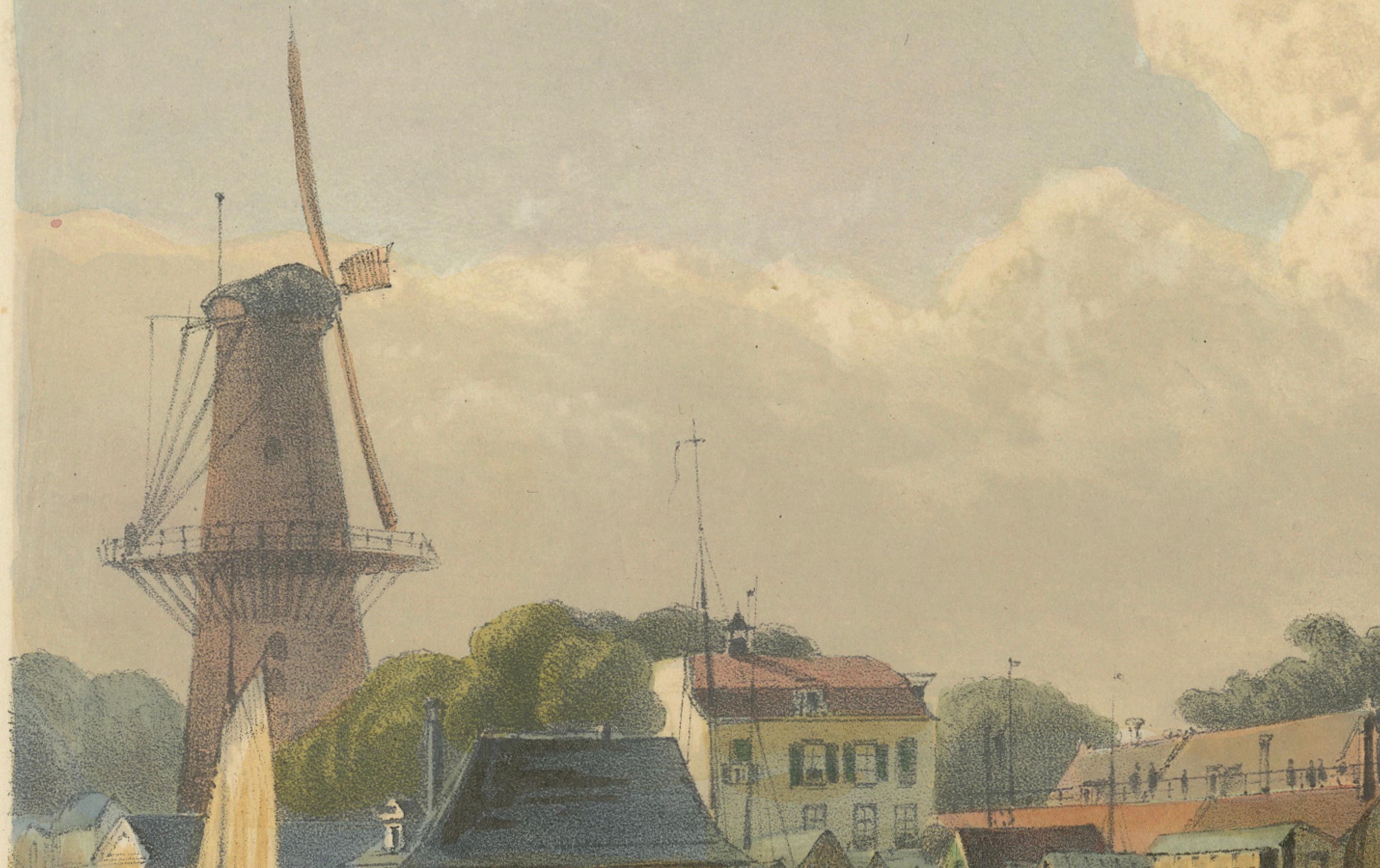 Antike Ansicht des Hoge Sluis, Amsterdam, handkolorierte Lithographie um 1850 im Zustand „Gut“ im Angebot in Langweer, NL