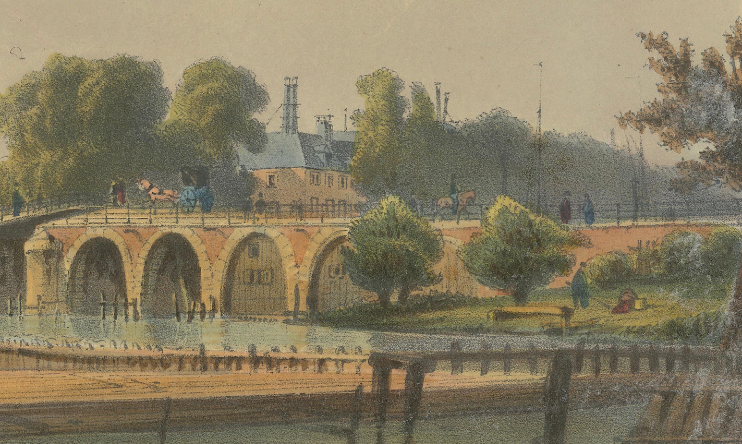 Antike Ansicht des Hoge Sluis, Amsterdam, handkolorierte Lithographie um 1850 (Papier) im Angebot
