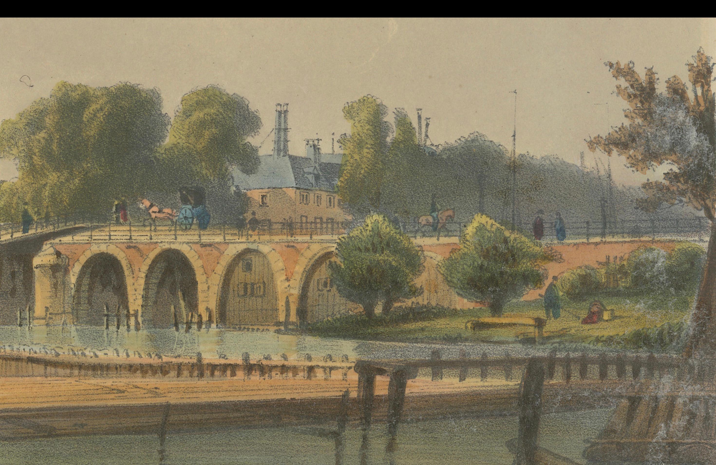 Antike Ansicht des Hoge Sluis, Amsterdam, handkolorierte Lithographie um 1850 im Angebot 1