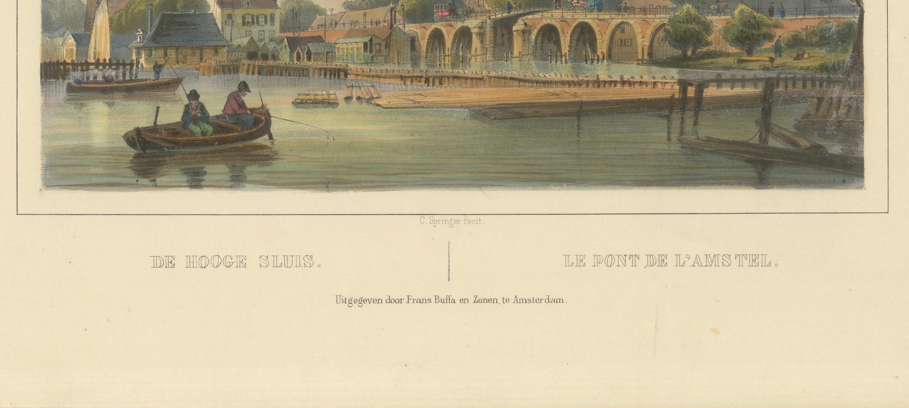 Antike Ansicht des Hoge Sluis, Amsterdam, handkolorierte Lithographie um 1850 im Angebot 2