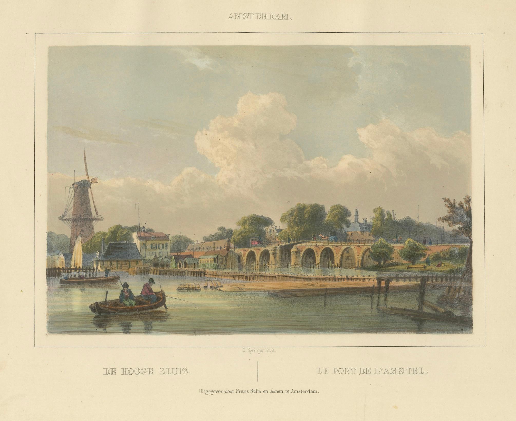 Antike Ansicht des Hoge Sluis, Amsterdam, handkolorierte Lithographie um 1850 im Angebot 4
