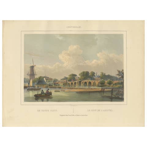 Antique View of the Hoge Sluis, Amsterdam, Hand-Colored Lithograph c.1850