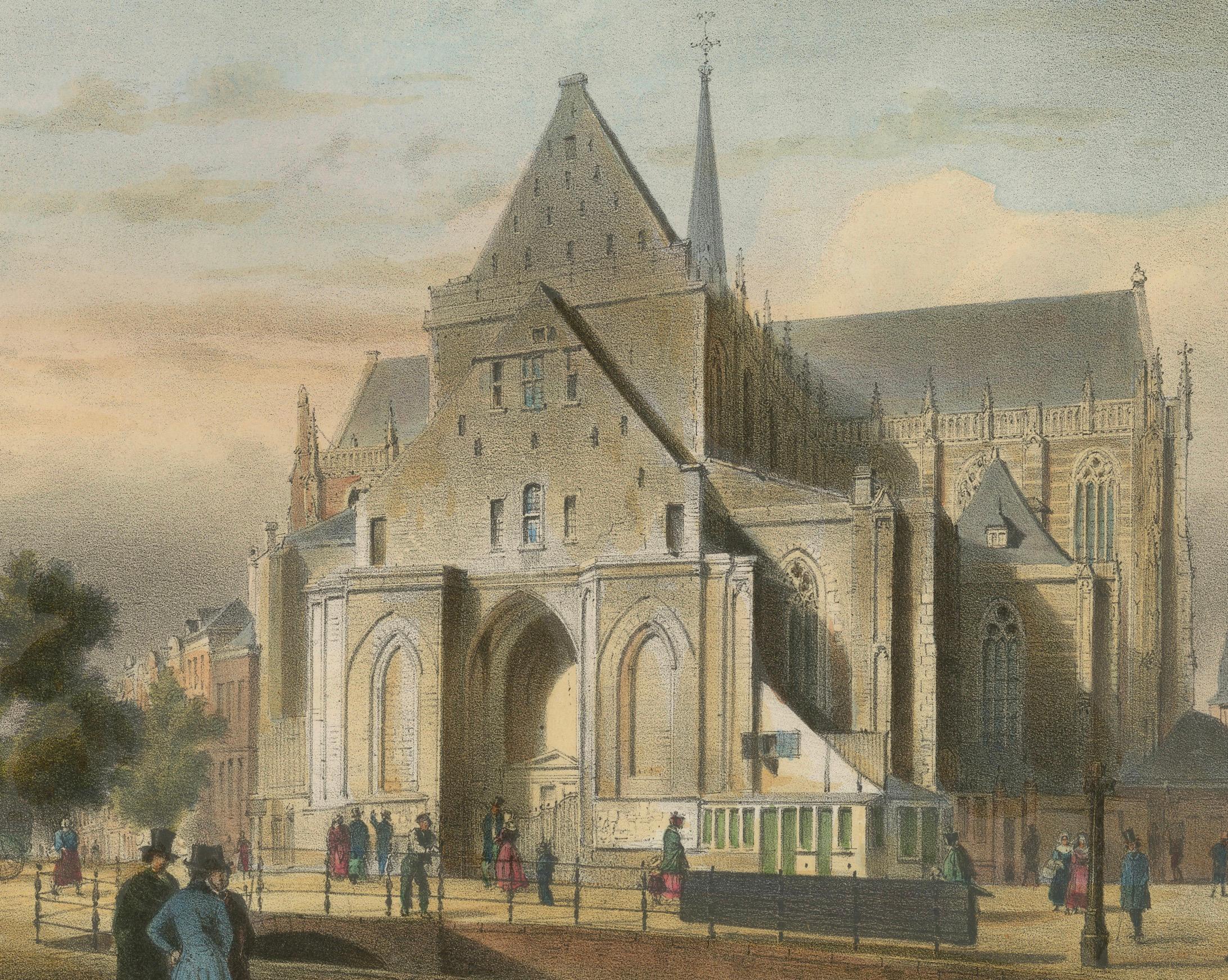 Antike Ansicht der Nieuwe Kerk, Amsterdam, handkolorierte Lithographie um 1850 im Zustand „Gut“ im Angebot in Langweer, NL