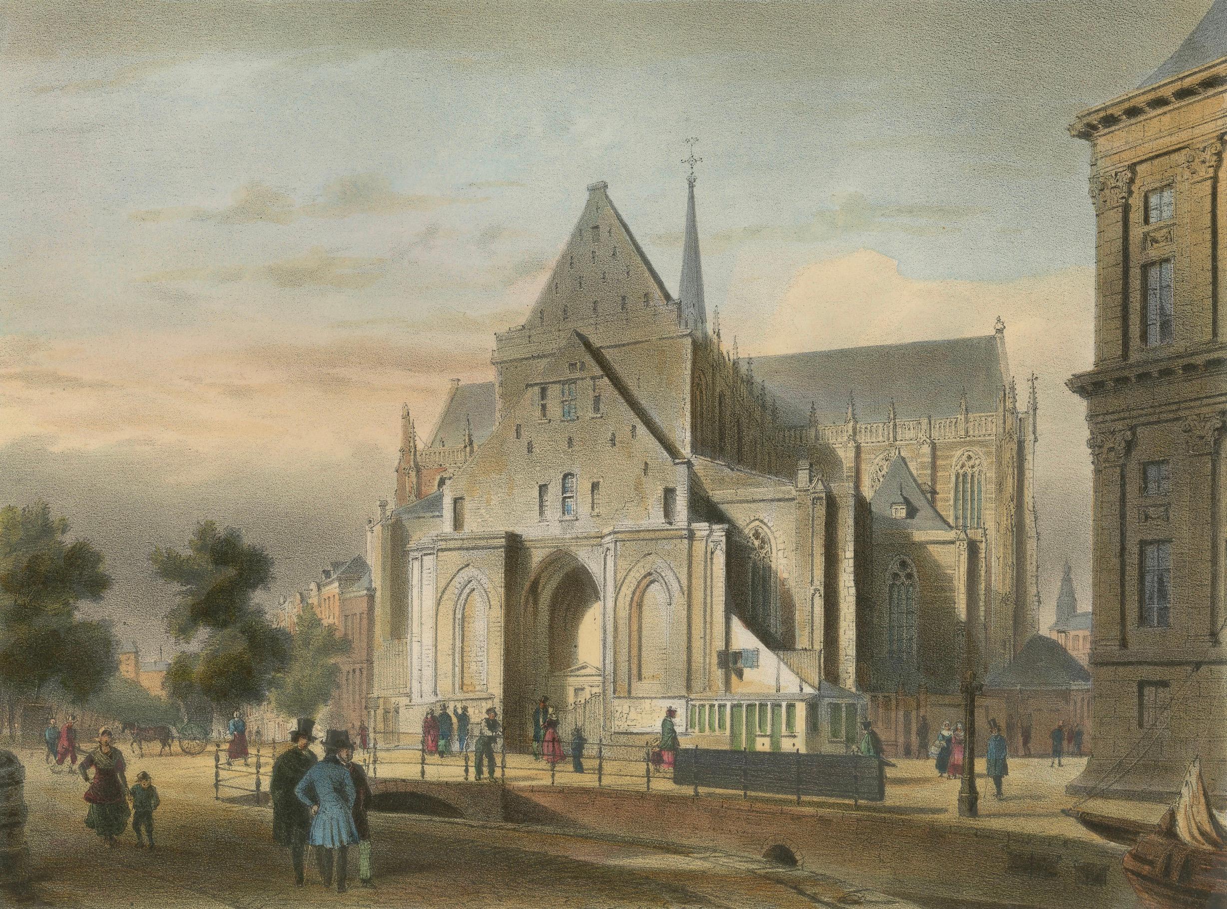 Antike Ansicht der Nieuwe Kerk, Amsterdam, handkolorierte Lithographie um 1850 (Papier) im Angebot
