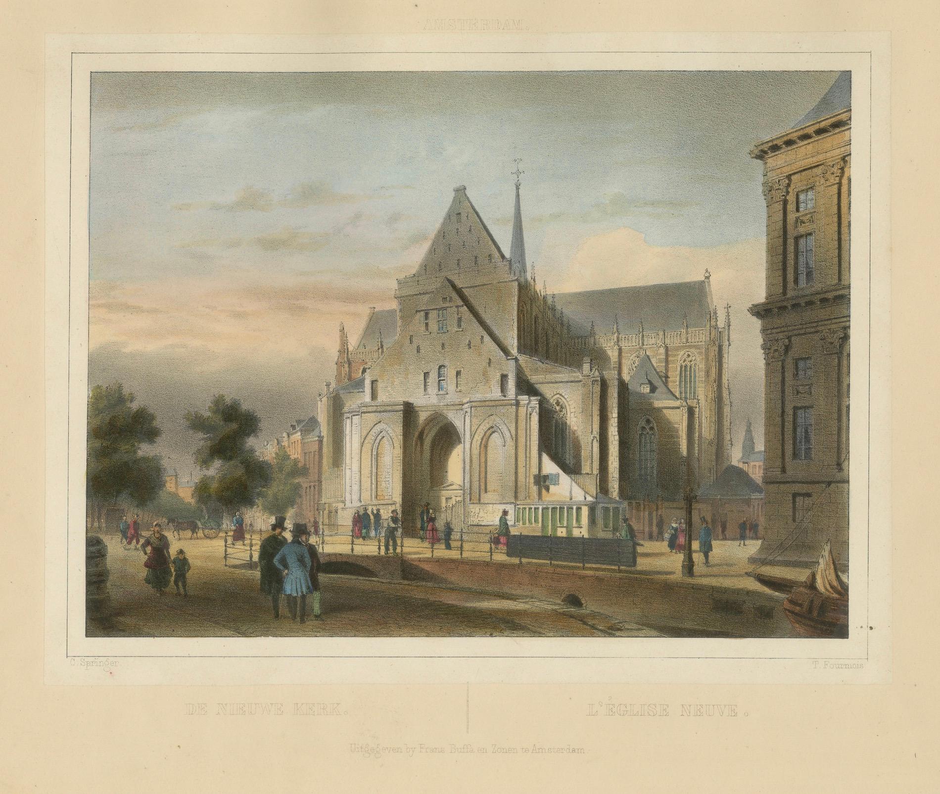 Antike Ansicht der Nieuwe Kerk, Amsterdam, handkolorierte Lithographie um 1850 im Angebot 1