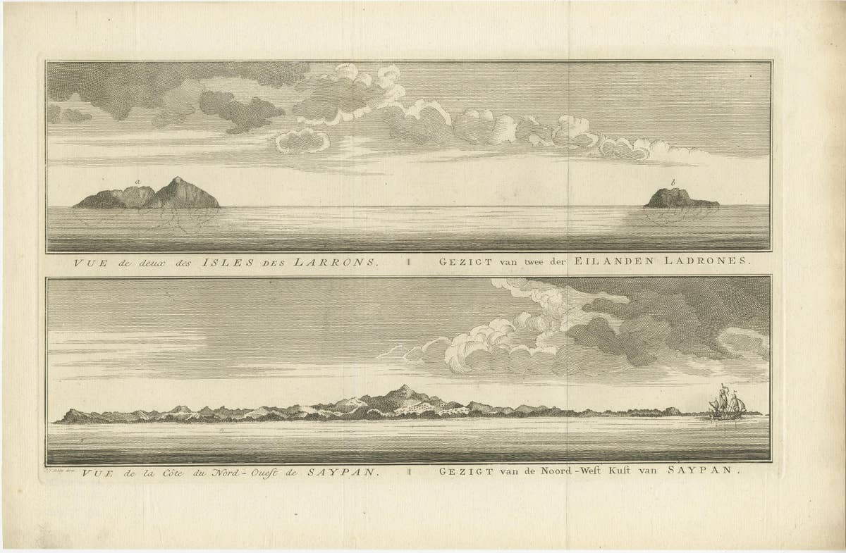 Antique View of The N.W. side of Saypan and one of The Ladrones Islands, 1757