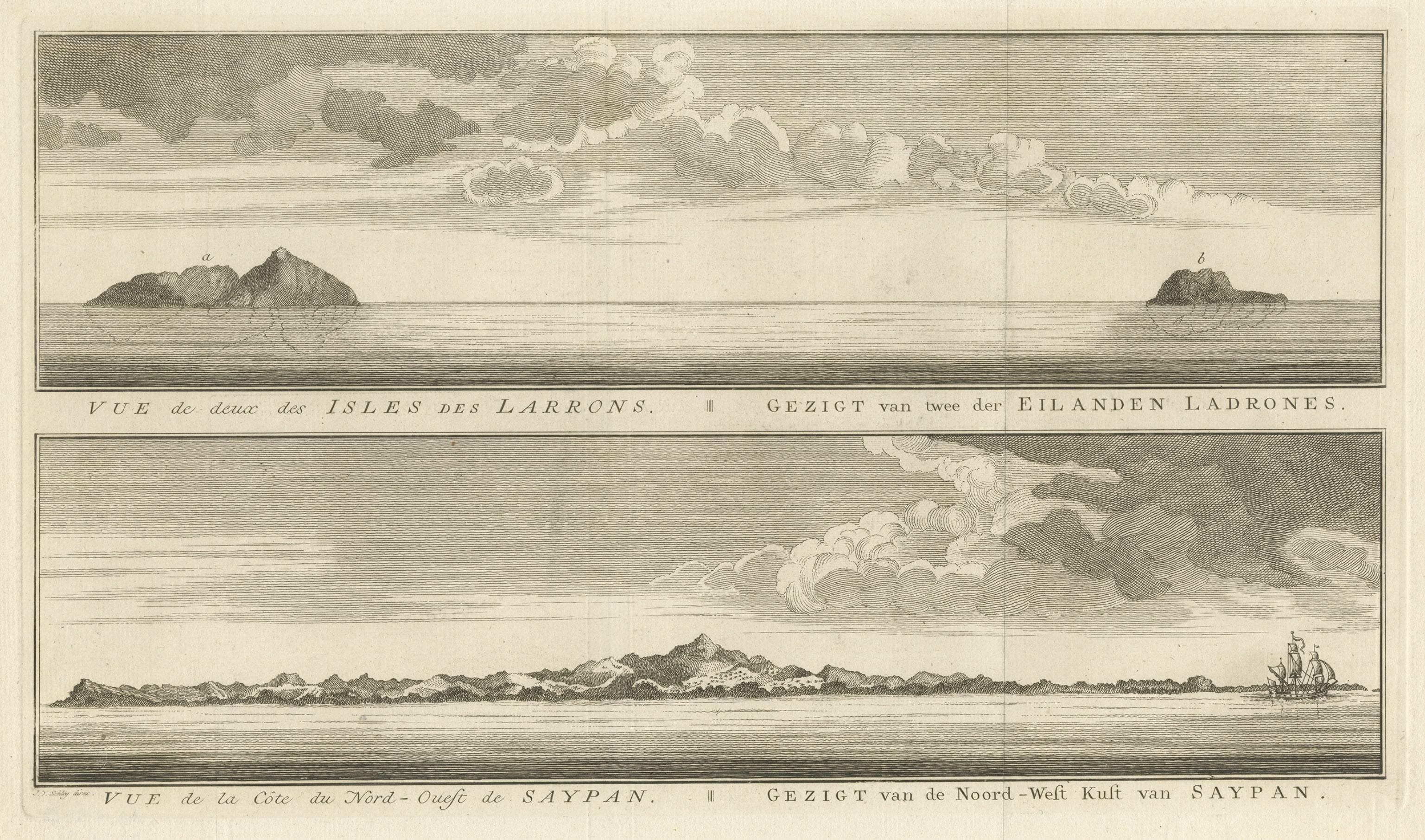 Antique View of The N.W. side of Saypan and one of The Ladrones Islands, 1757 In Good Condition For Sale In Langweer, NL
