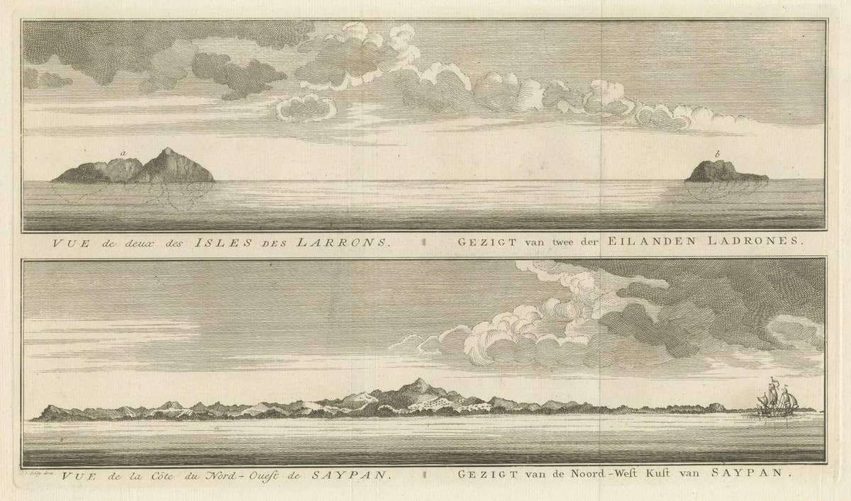 Antique View of The N.W. side of Saypan and one of The Ladrones Islands, 1757