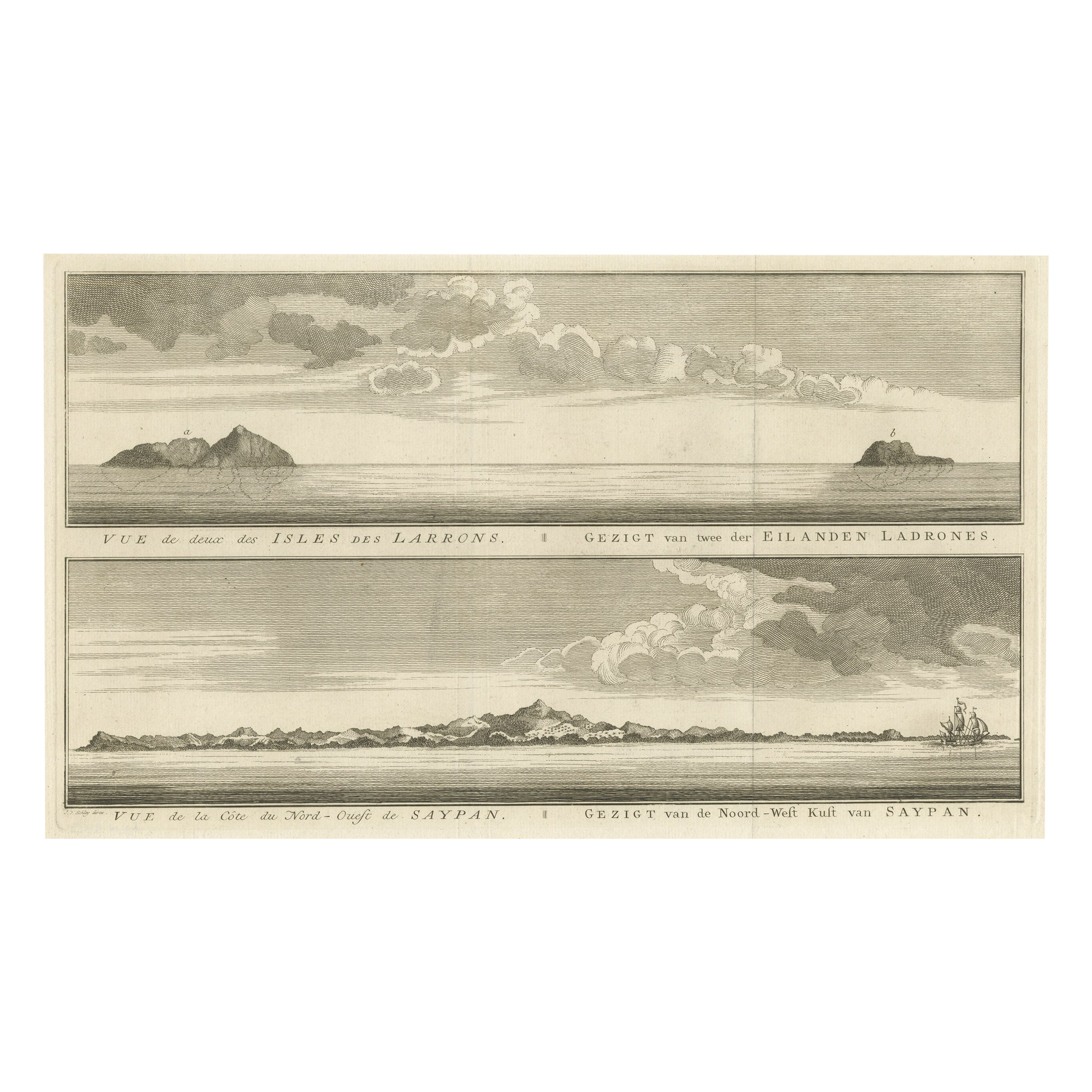 Antique View of The N.W. side of Saypan and one of The Ladrones Islands, 1757
