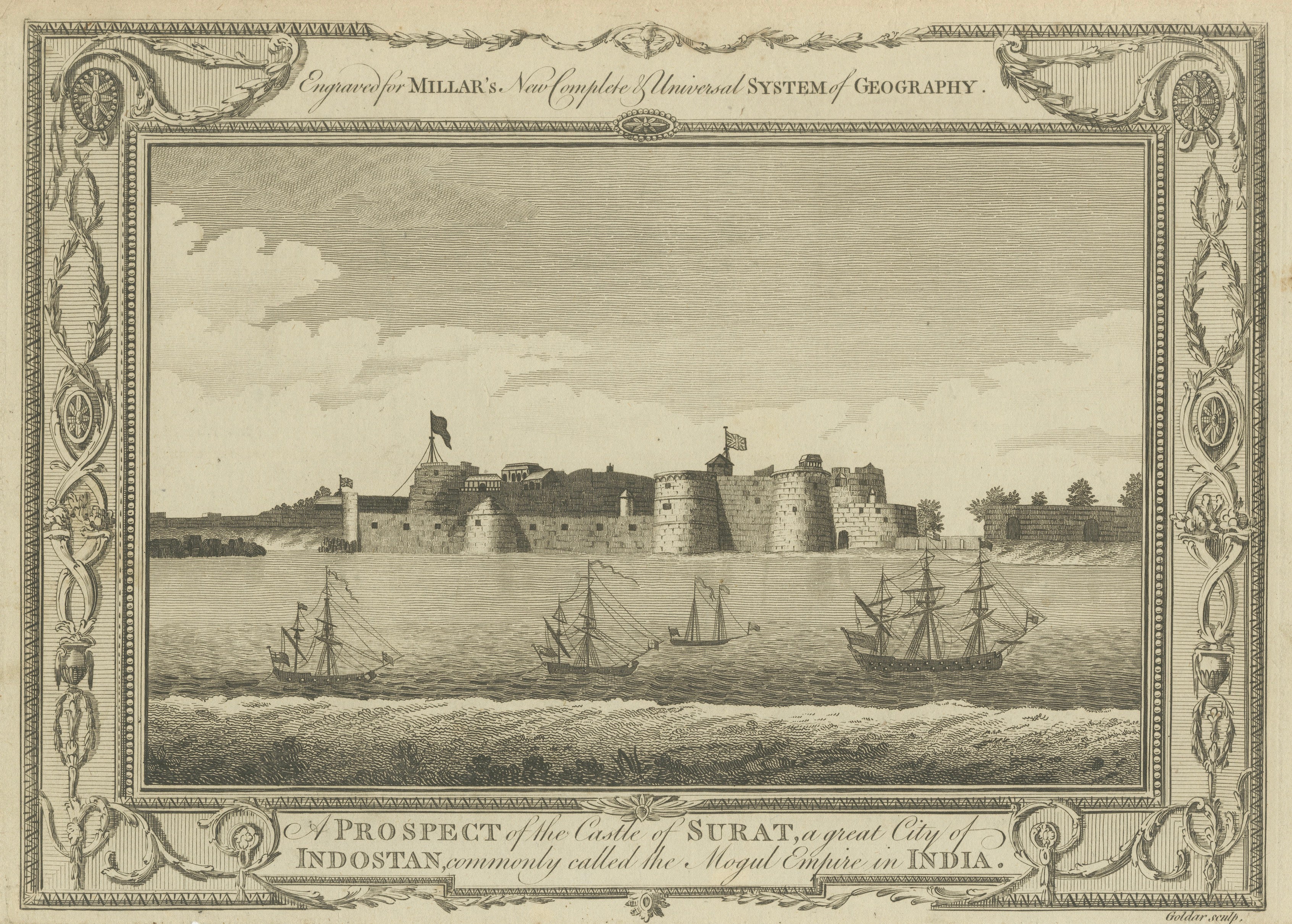 Antique View Surat Castle India – Mughal Empire Port, Millar 1782 For Sale