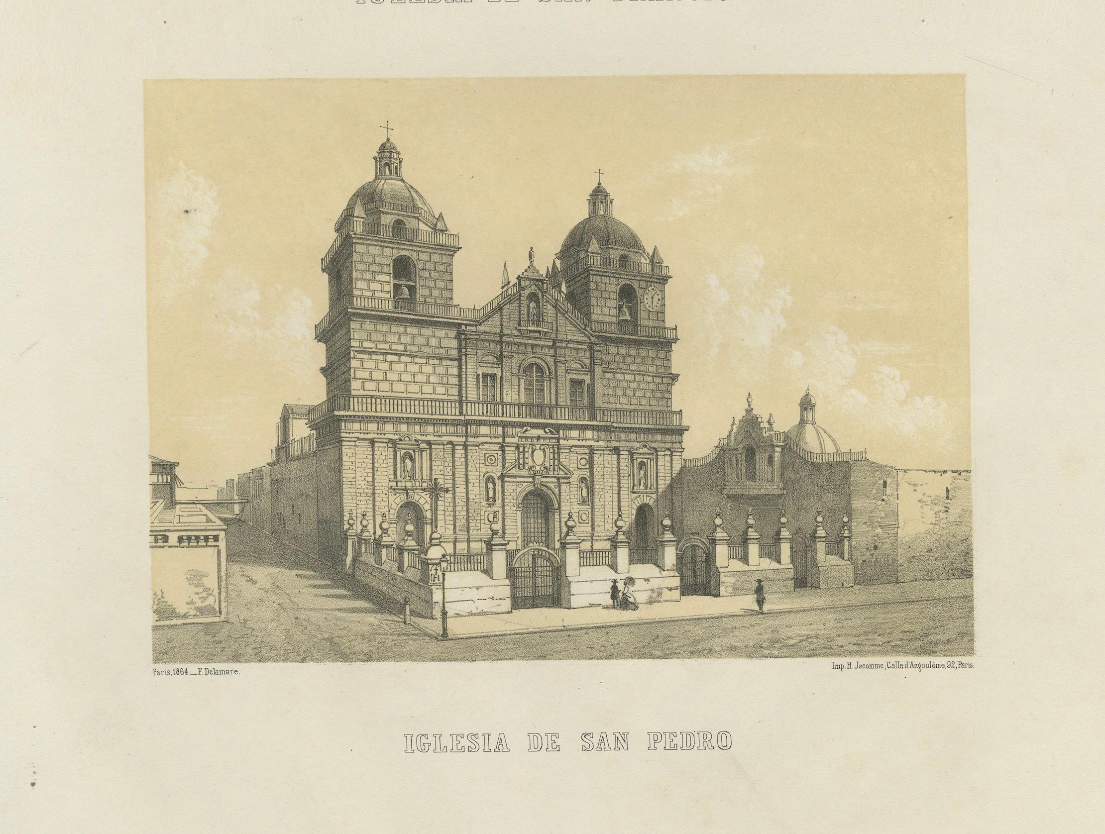 Vistas antiguas de Lima - Iglesia de San Francisco e Iglesia de San Pedro, 1865 en Bueno estado para la venta en Langweer, NL