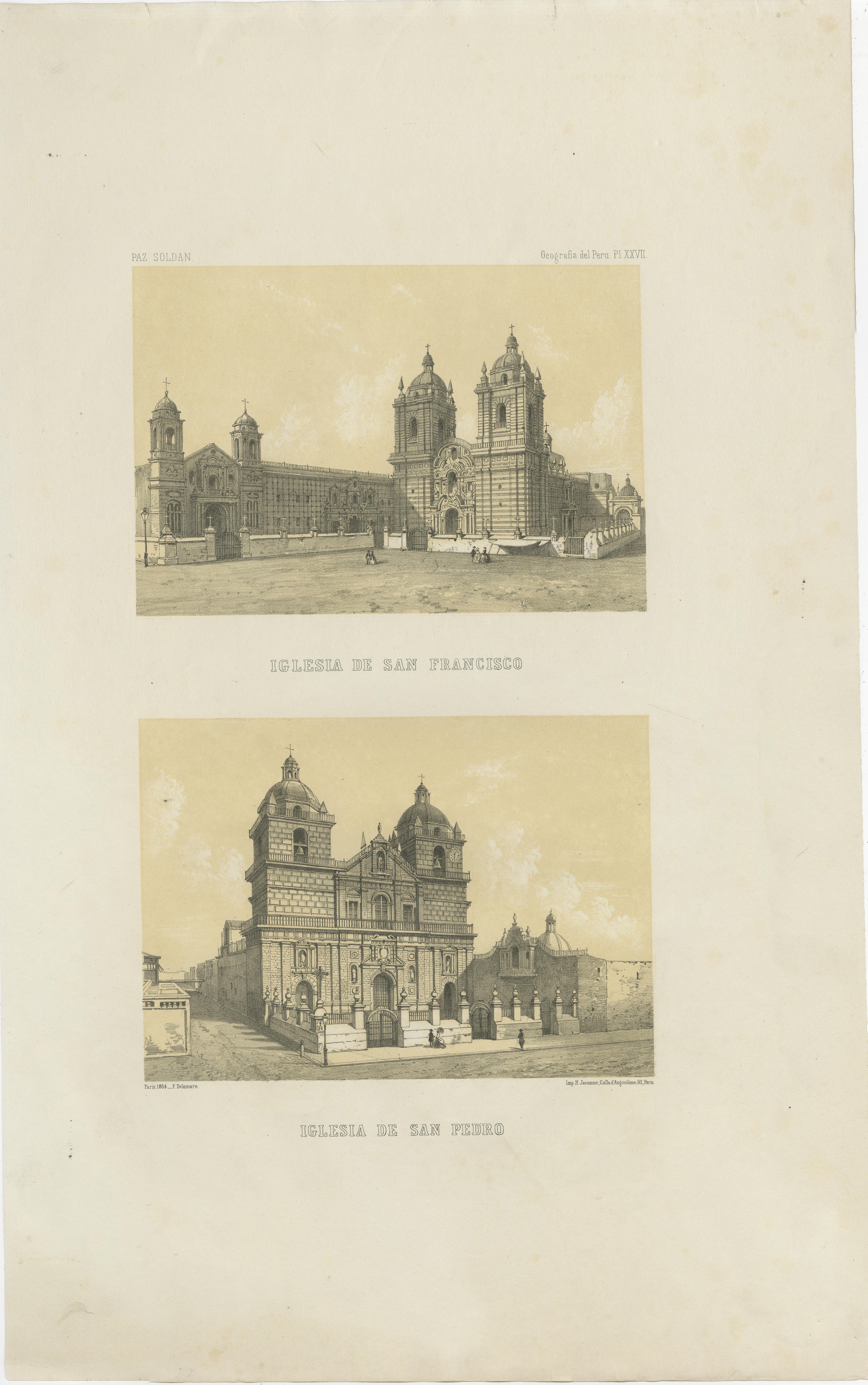 Vistas antiguas de Lima - Iglesia de San Francisco e Iglesia de San Pedro, 1865 en venta 1