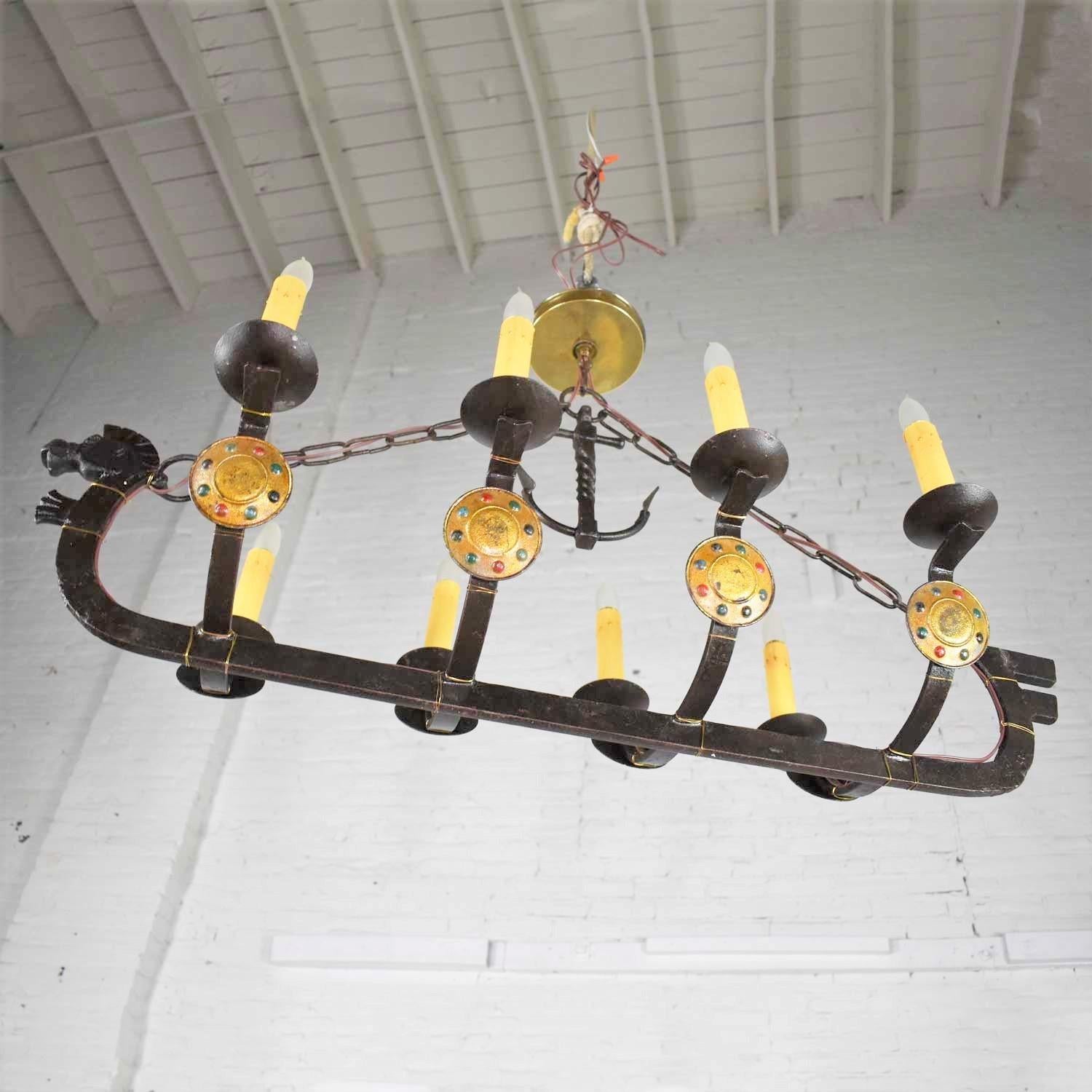 Antique Viking Longboat Ship Cast Iron Chandelier with Horse Head and Shields For Sale 2