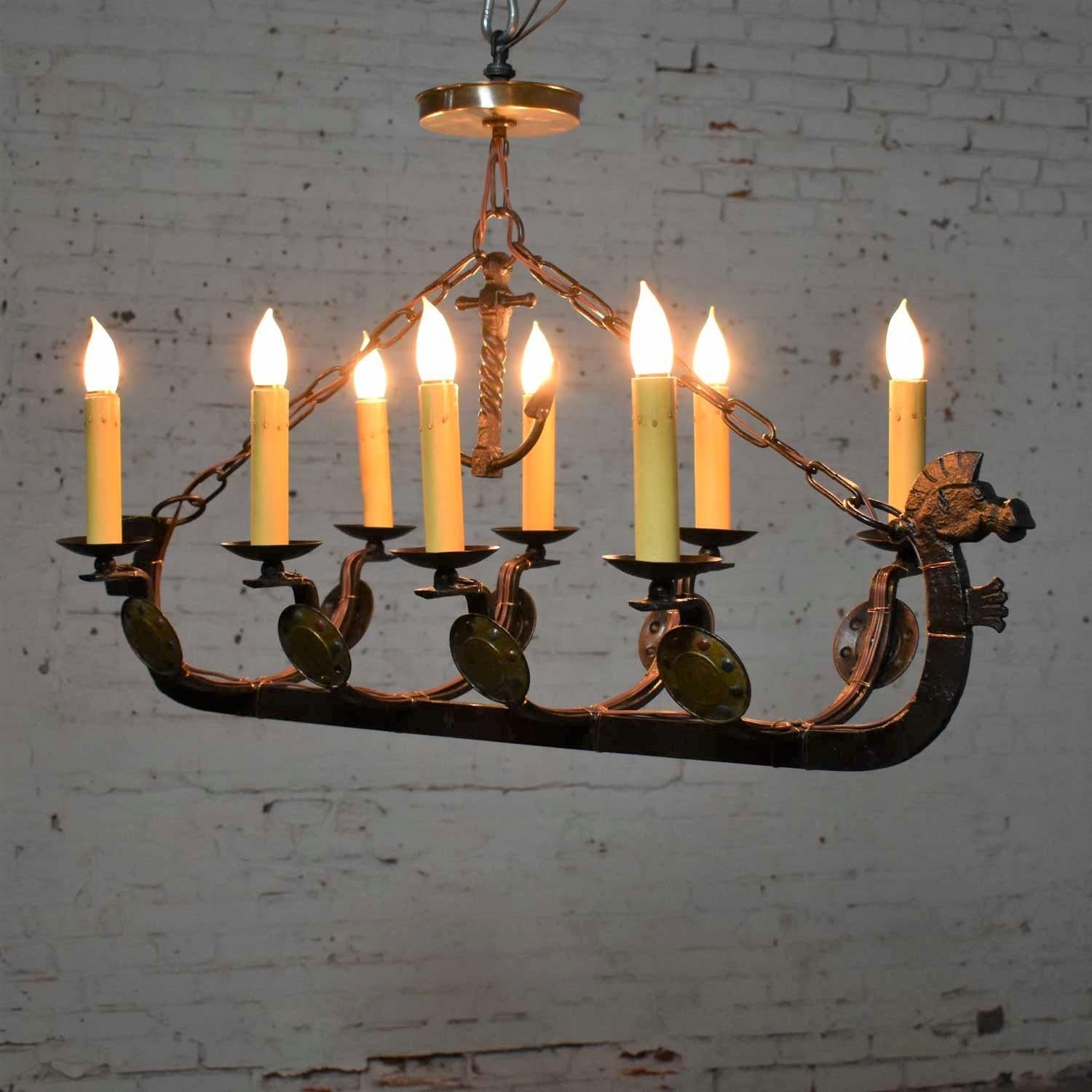 Antique Viking Longboat Ship Cast Iron Chandelier with Horse Head and Shields For Sale 4