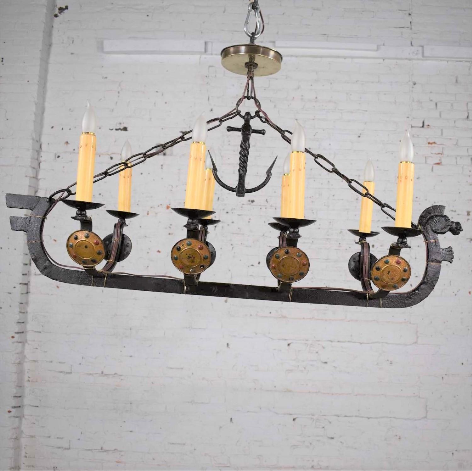 Antique Viking Longboat Ship Cast Iron Chandelier with Horse Head and Shields For Sale 5