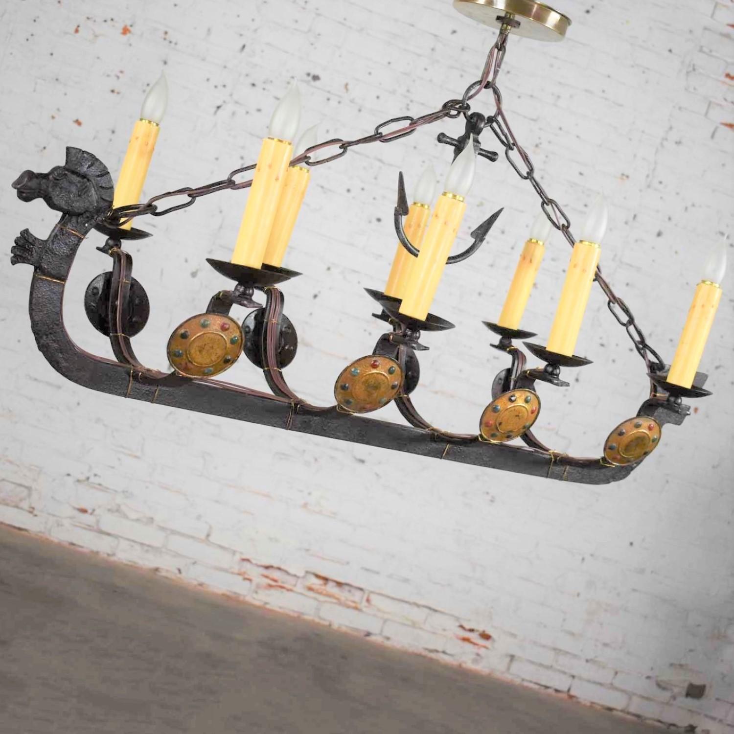Antique Viking Longboat Ship Cast Iron Chandelier with Horse Head and Shields For Sale 6