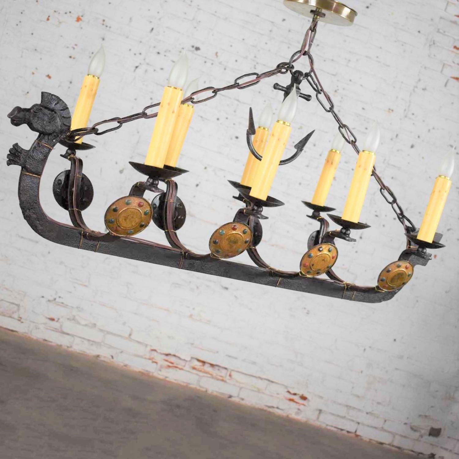 Antique Viking Longboat Ship Cast Iron Chandelier with Horse Head and Shields For Sale 5
