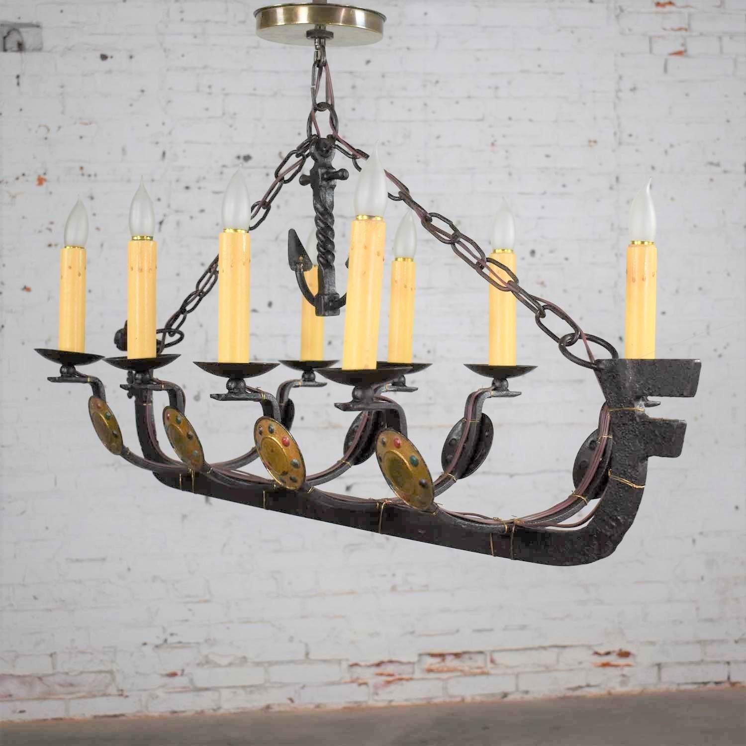 Antique Viking Longboat Ship Cast Iron Chandelier with Horse Head and Shields For Sale 8