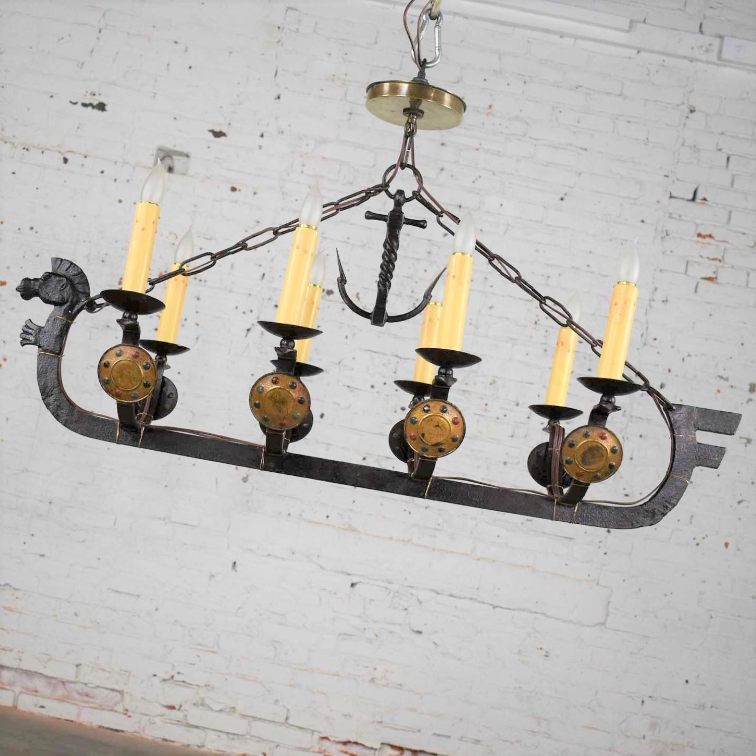 20th Century Antique Viking Longboat Ship Cast Iron Chandelier with Horse Head and Shields For Sale