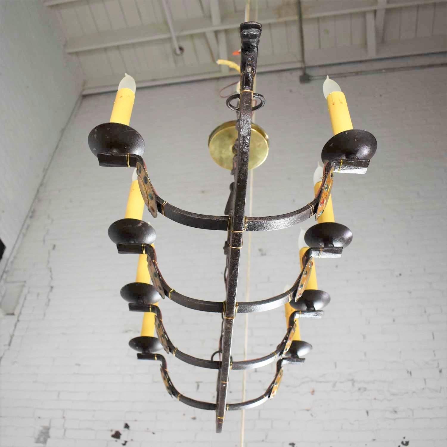 Antique Viking Longboat Ship Cast Iron Chandelier with Horse Head and Shields For Sale 1