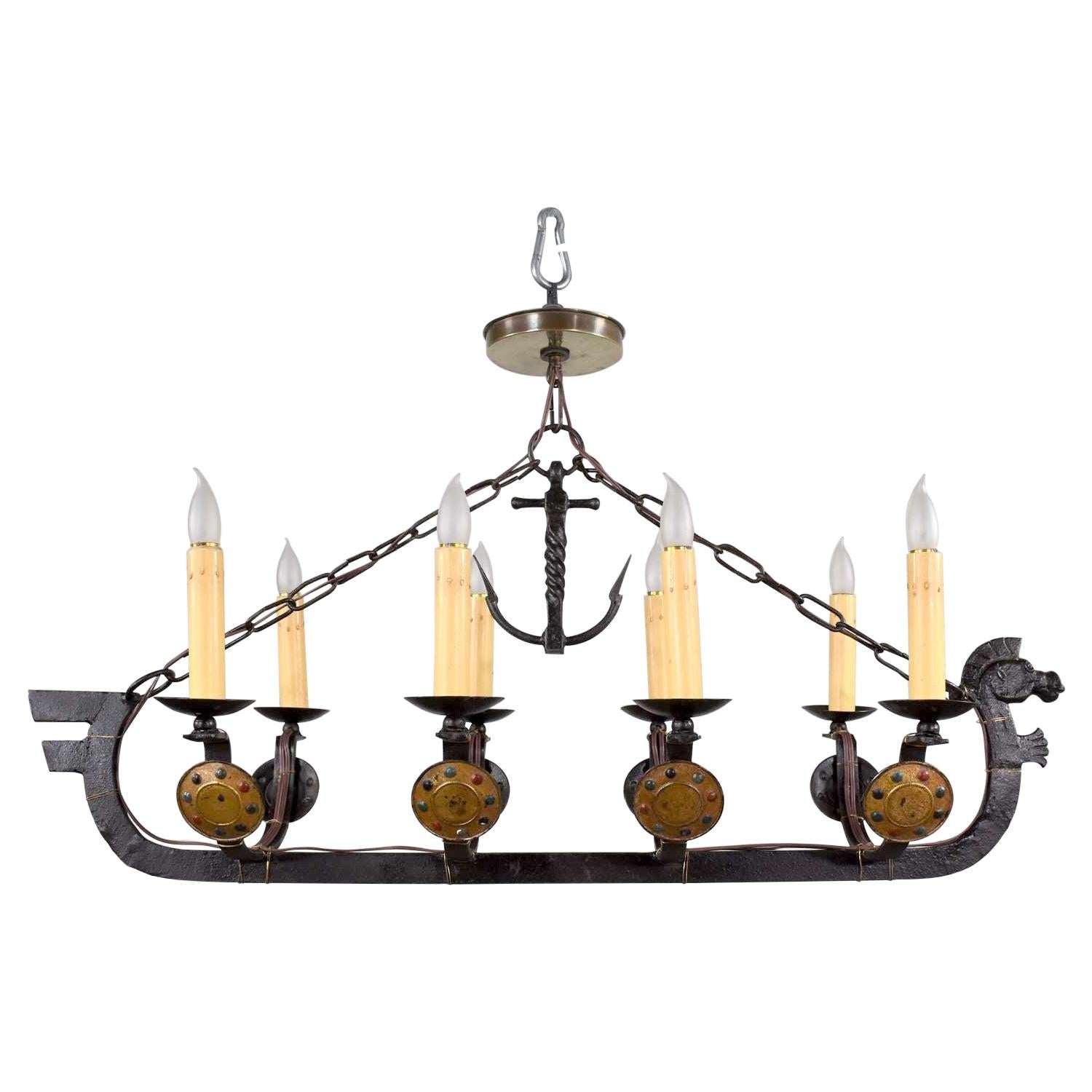 Antique Viking Longboat Ship Cast Iron Chandelier with Horse Head and Shields For Sale