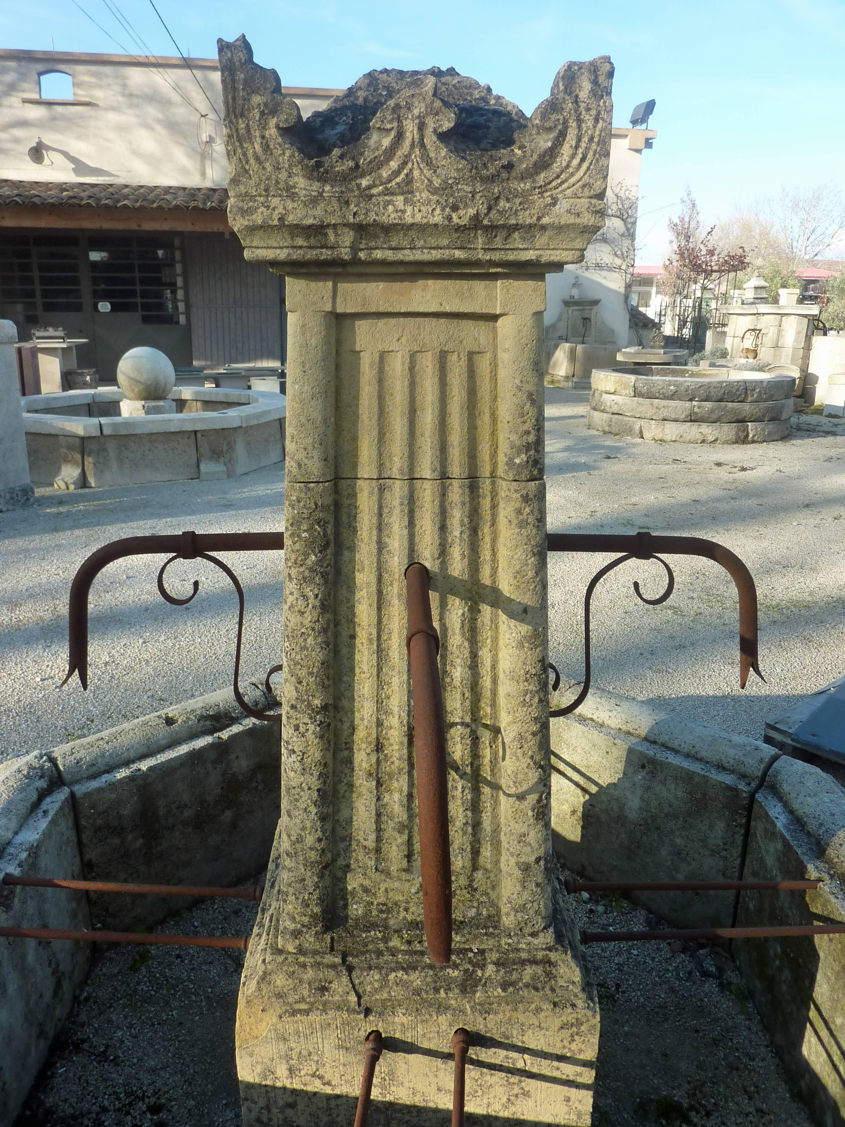 Hand-Carved Antique Village Central Fountain in Patinated Natural Limestone, Provence For Sale