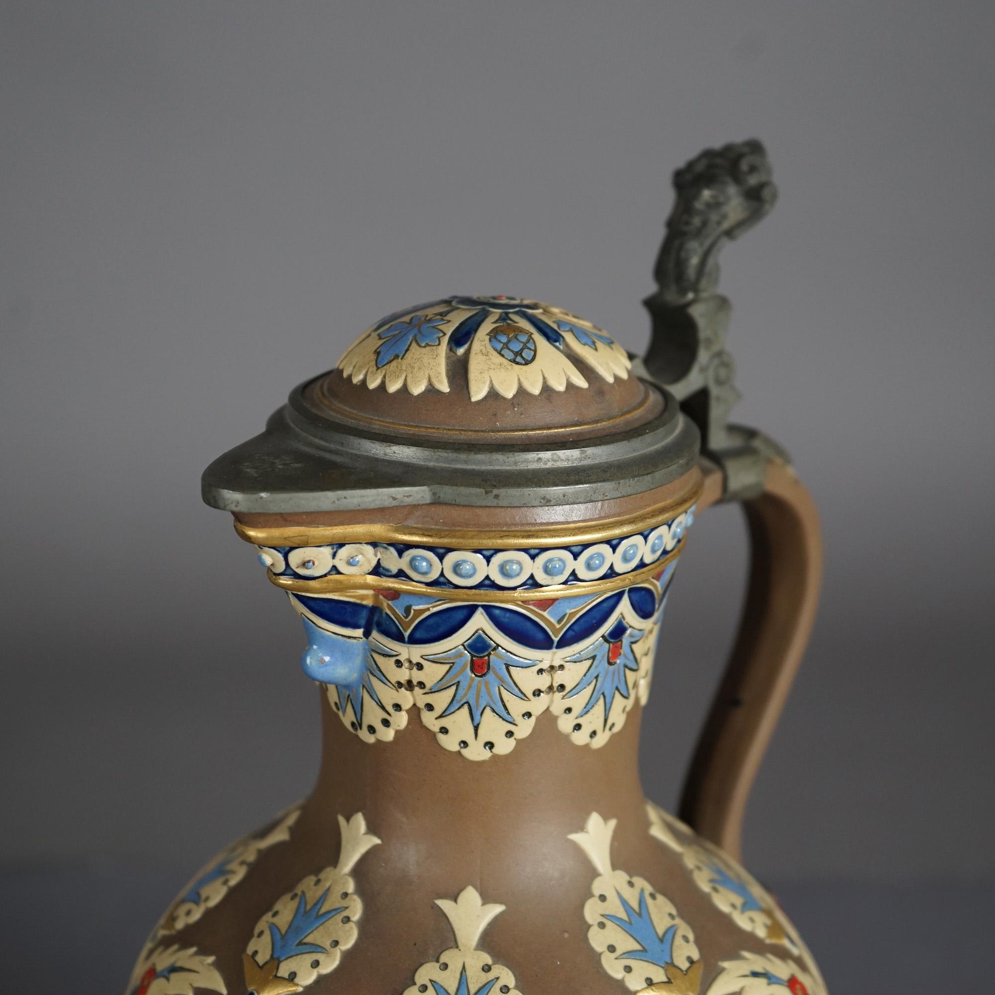 Antique Villeroy & Bach Aesthetic Pottery Pitcher with Stylized Flowers C1890 In Good Condition For Sale In Big Flats, NY