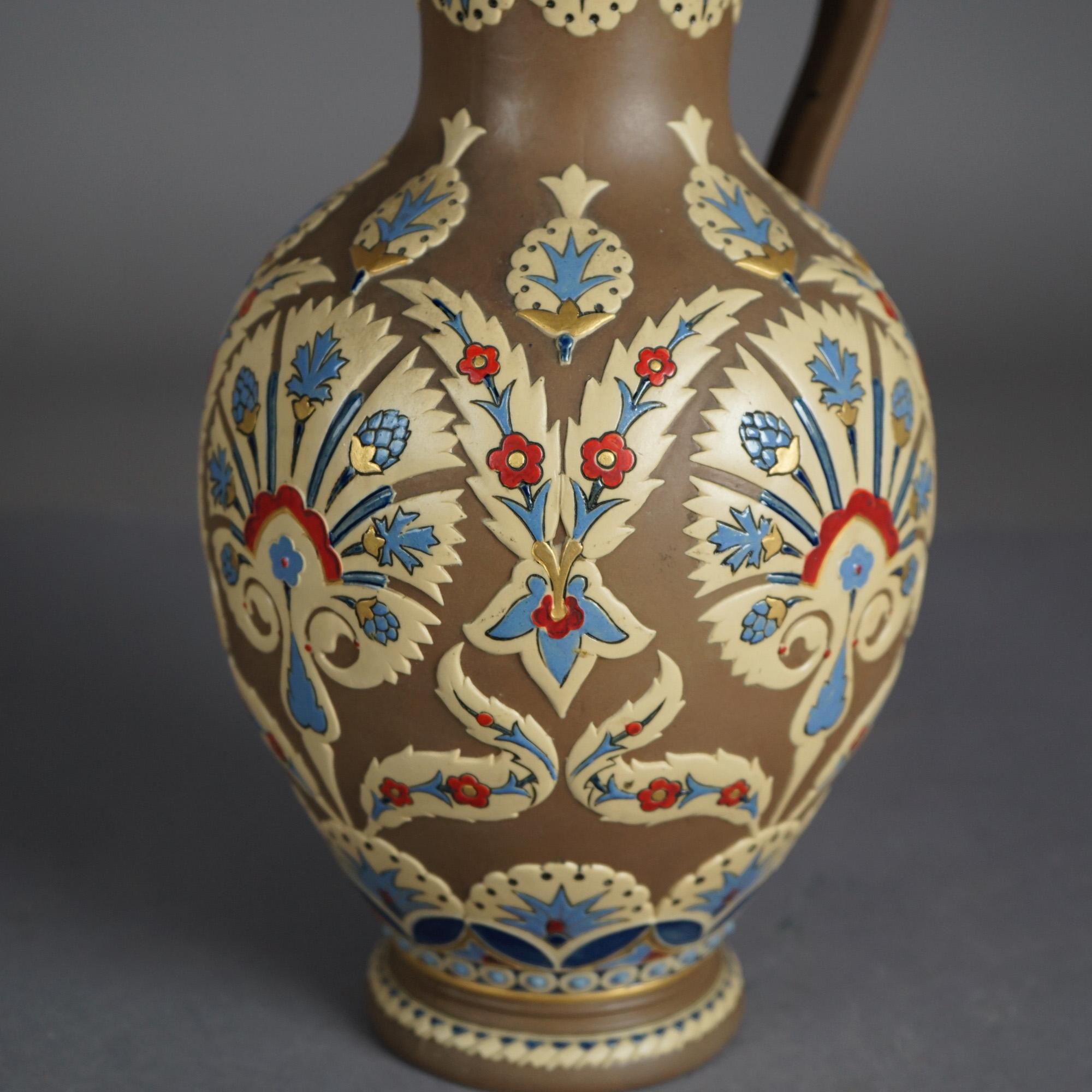 19th Century Antique Villeroy & Bach Aesthetic Pottery Pitcher with Stylized Flowers C1890 For Sale