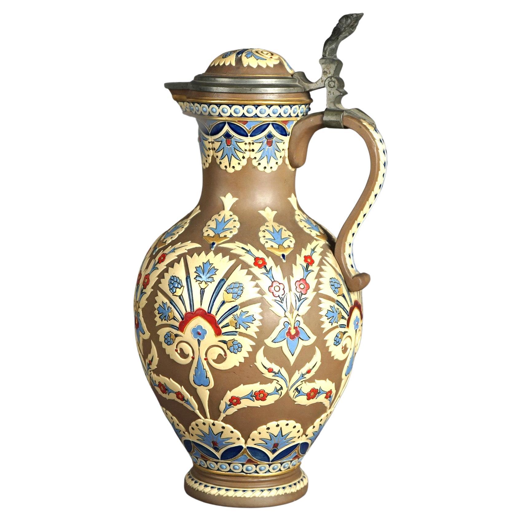 Antique Villeroy & Bach Aesthetic Pottery Pitcher with Stylized Flowers C1890 For Sale