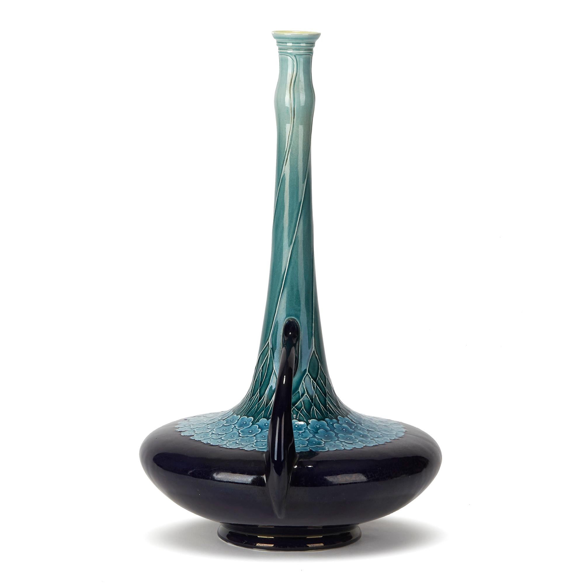 Glazed Antique Villeroy & Boch Art Nouveau Blue Majolica Floral Vase, 1904