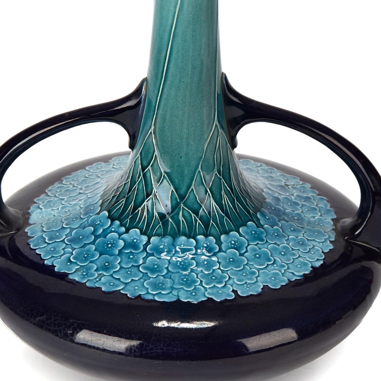 Antique Villeroy and Boch Art Nouveau Blue Majolica Floral Vase, 1904 at 1stDibs