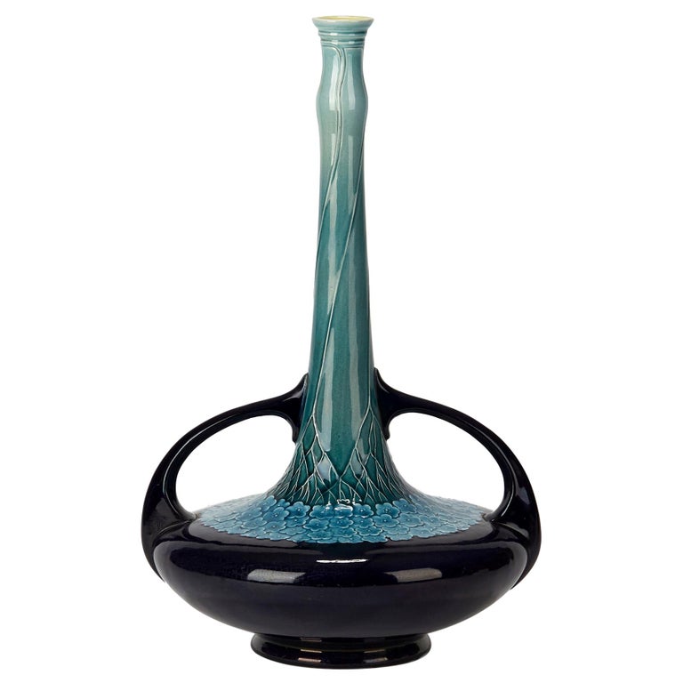 Antique Villeroy and Boch Art Nouveau Blue Majolica Floral Vase, 1904