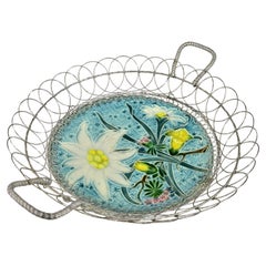 Antique Villeroy & Boch Majolica Barbotine Plate w. Wirework Basket Bowl Dish