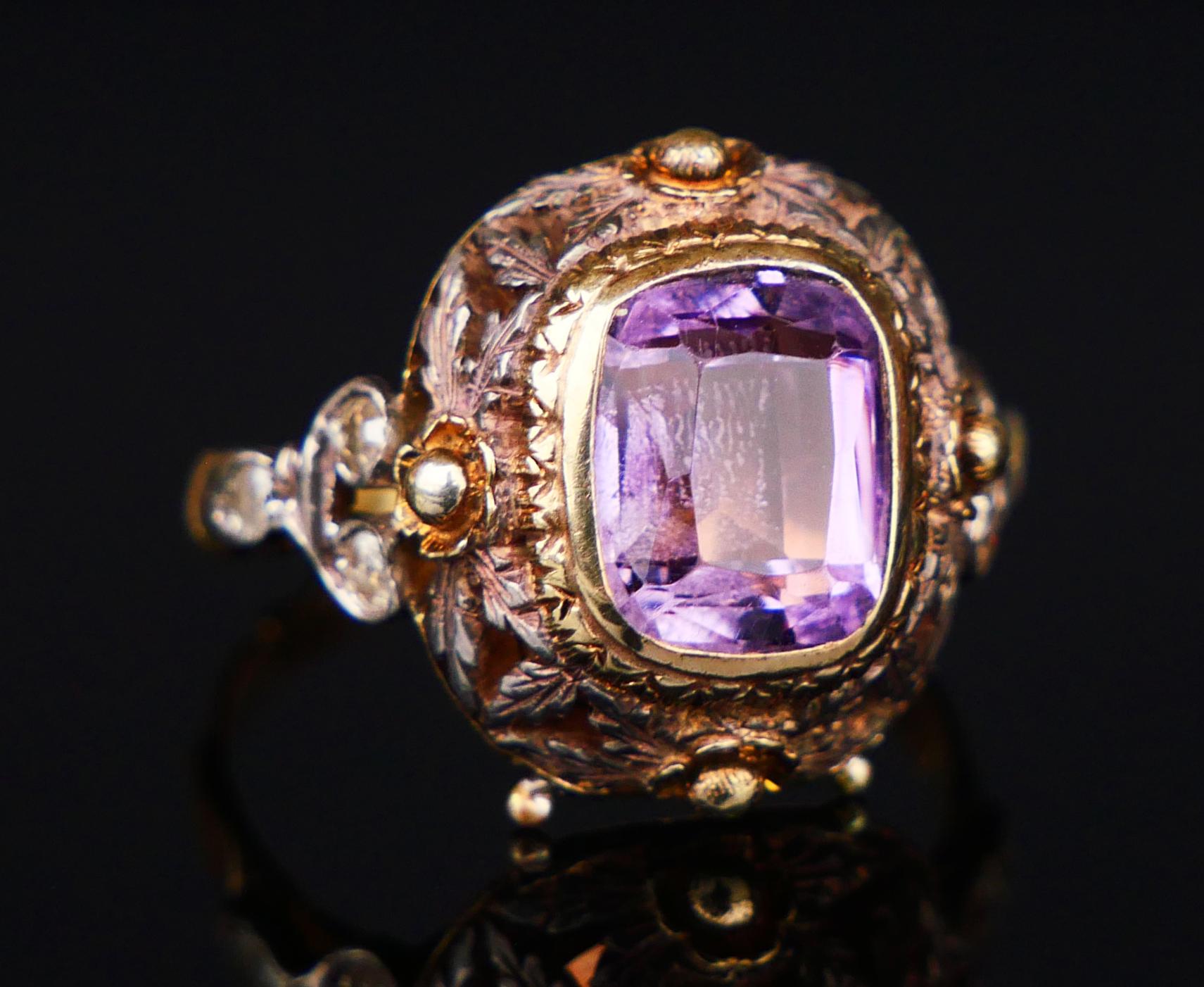 Antiker Vinaigrette Parfümring Amethyst Diamanten 14K Gelbgold Ø 8US/ 5.55gr im Angebot 10