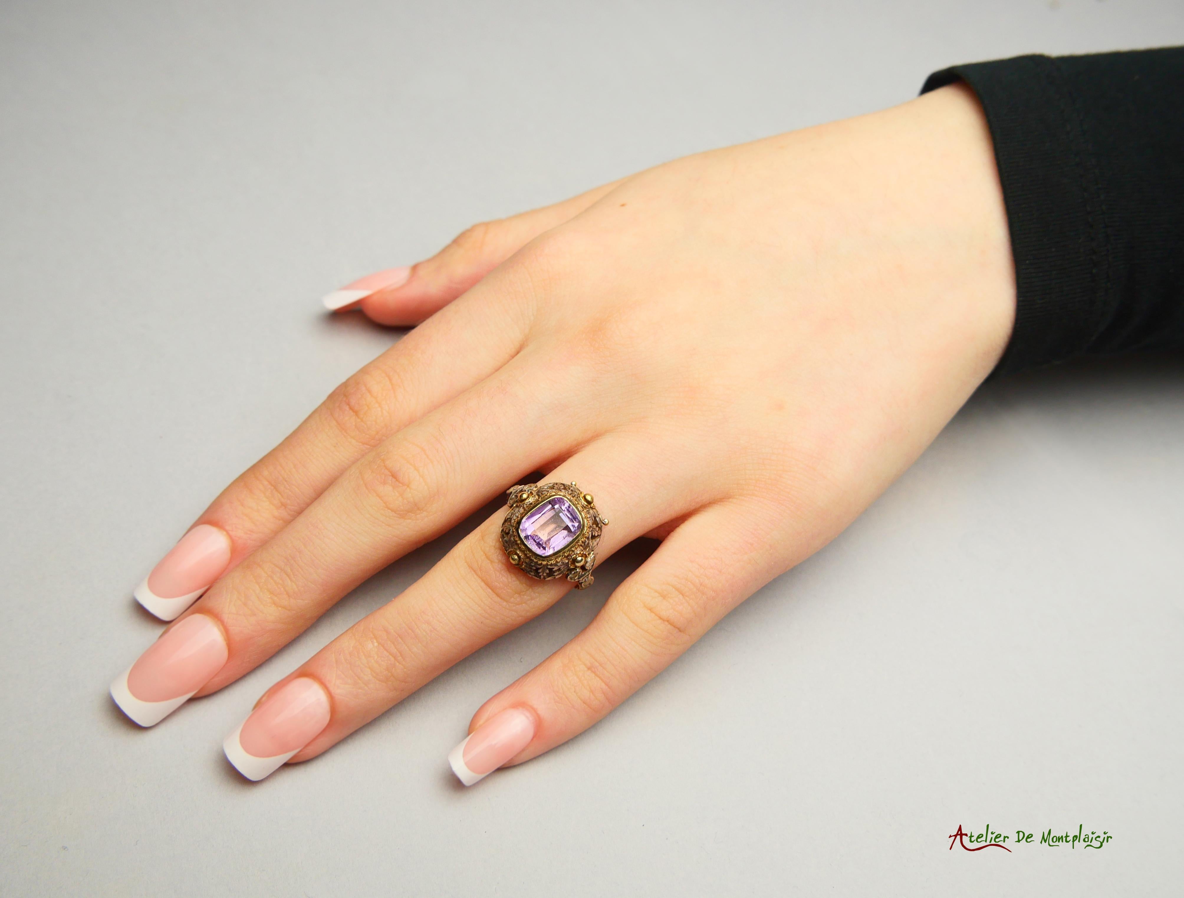 Antiker Vinaigrette Parfümring Amethyst Diamanten 14K Gelbgold Ø 8US/ 5.55gr im Angebot 7