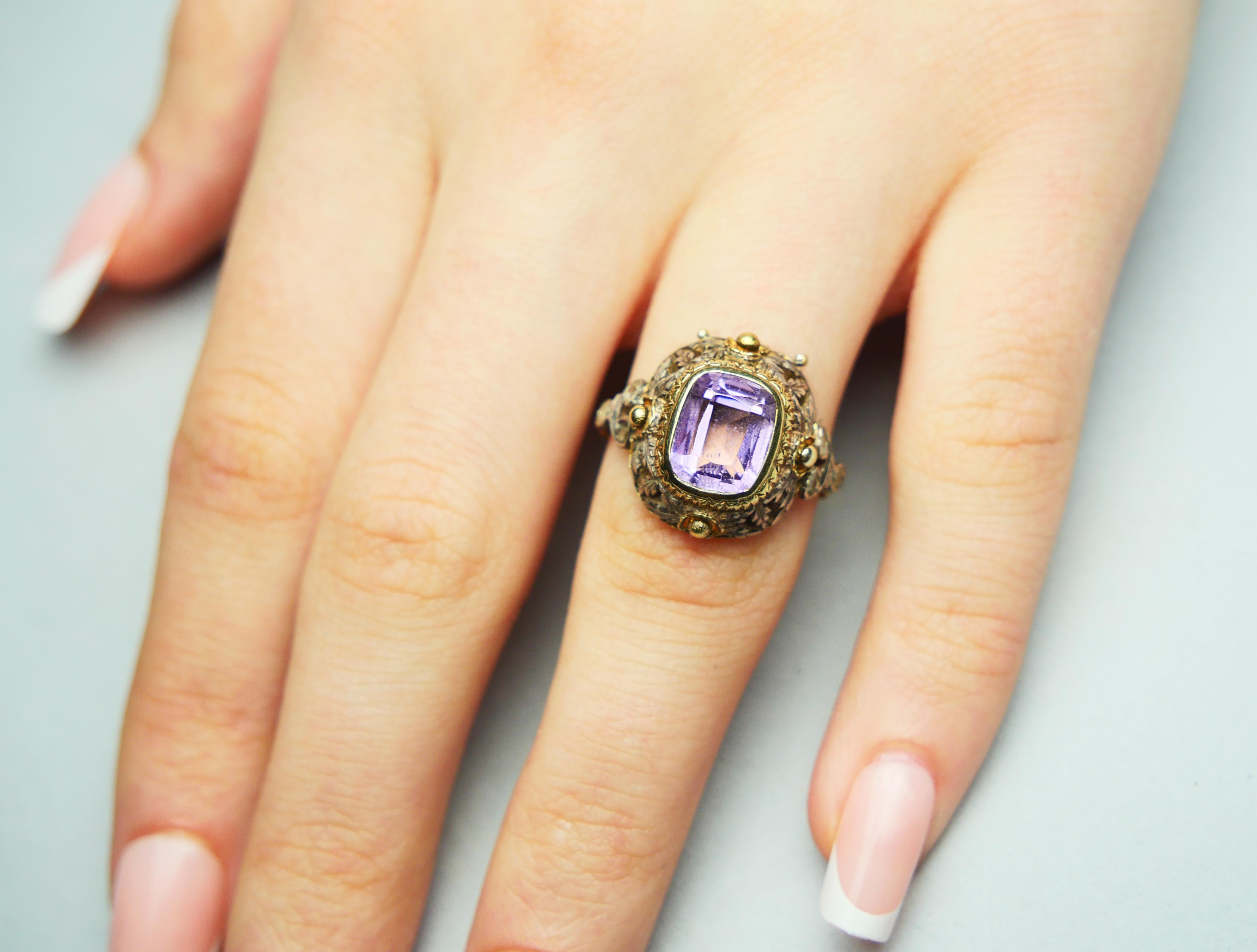 Antiker Vinaigrette Parfümring Amethyst Diamanten 14K Gelbgold Ø 8US/ 5.55gr im Angebot 8