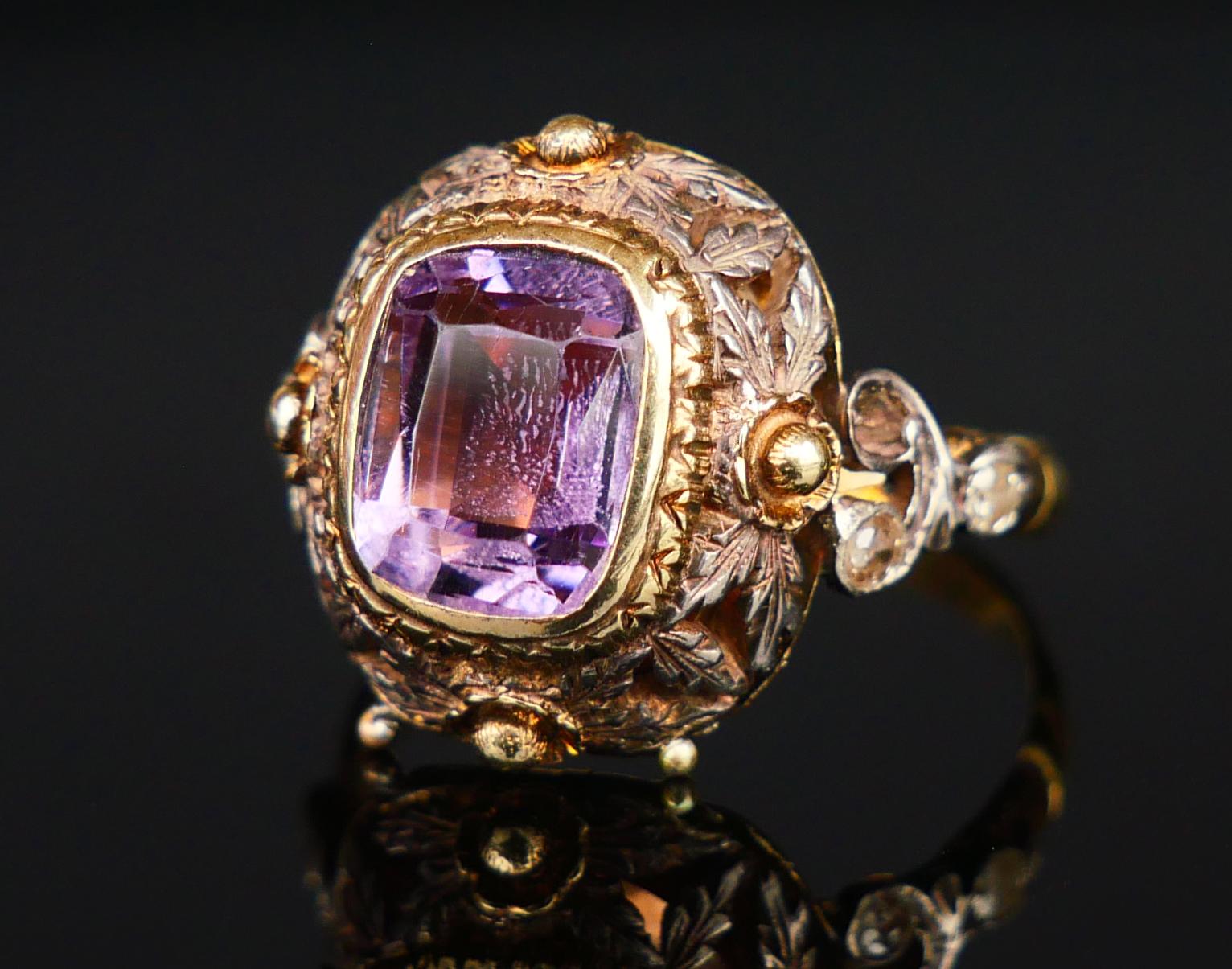 Antiker Vinaigrette Parfümring Amethyst Diamanten 14K Gelbgold Ø 8US/ 5.55gr im Angebot 13