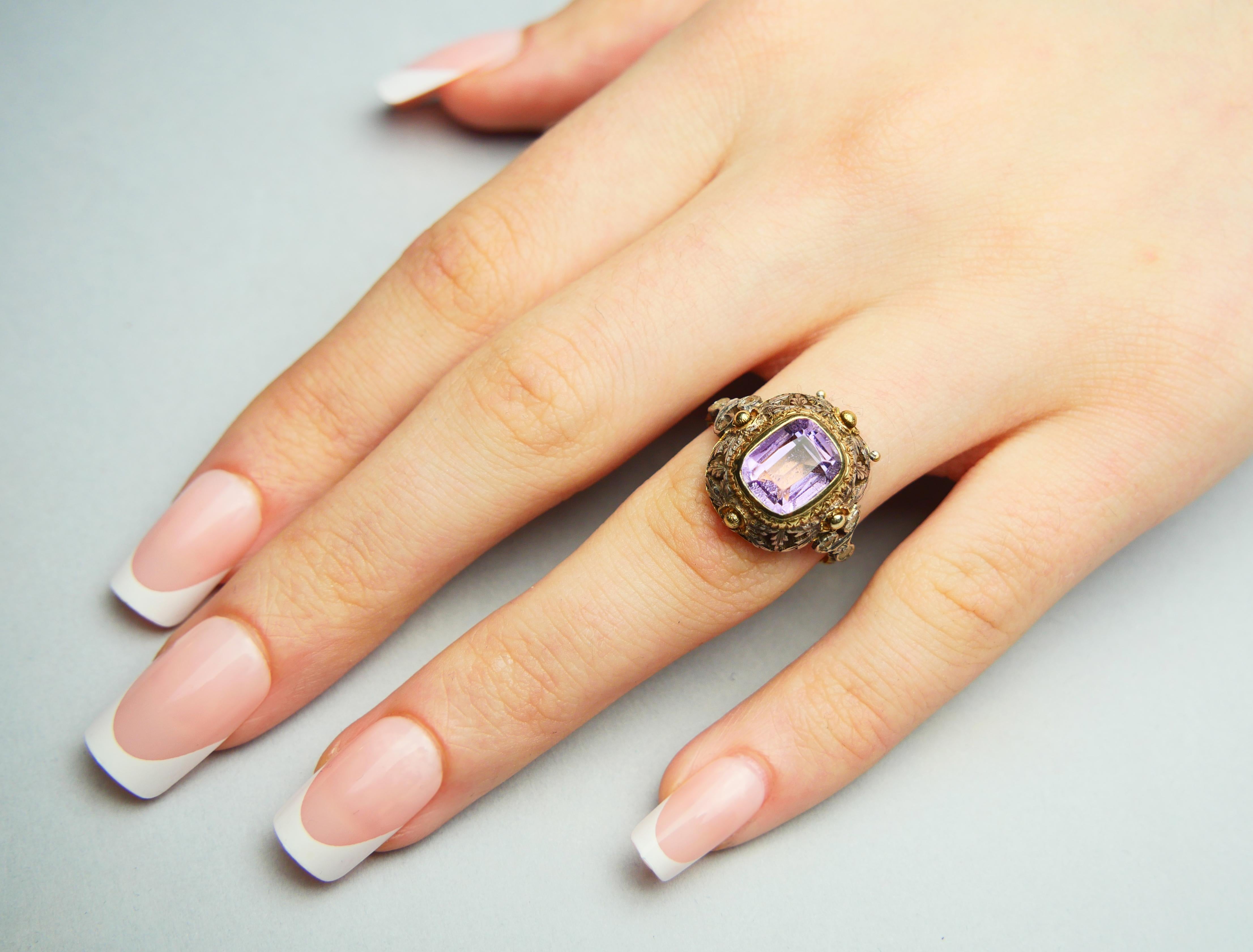 Antiker Vinaigrette Parfümring Amethyst Diamanten 14K Gelbgold Ø 8US/ 5.55gr im Angebot 5