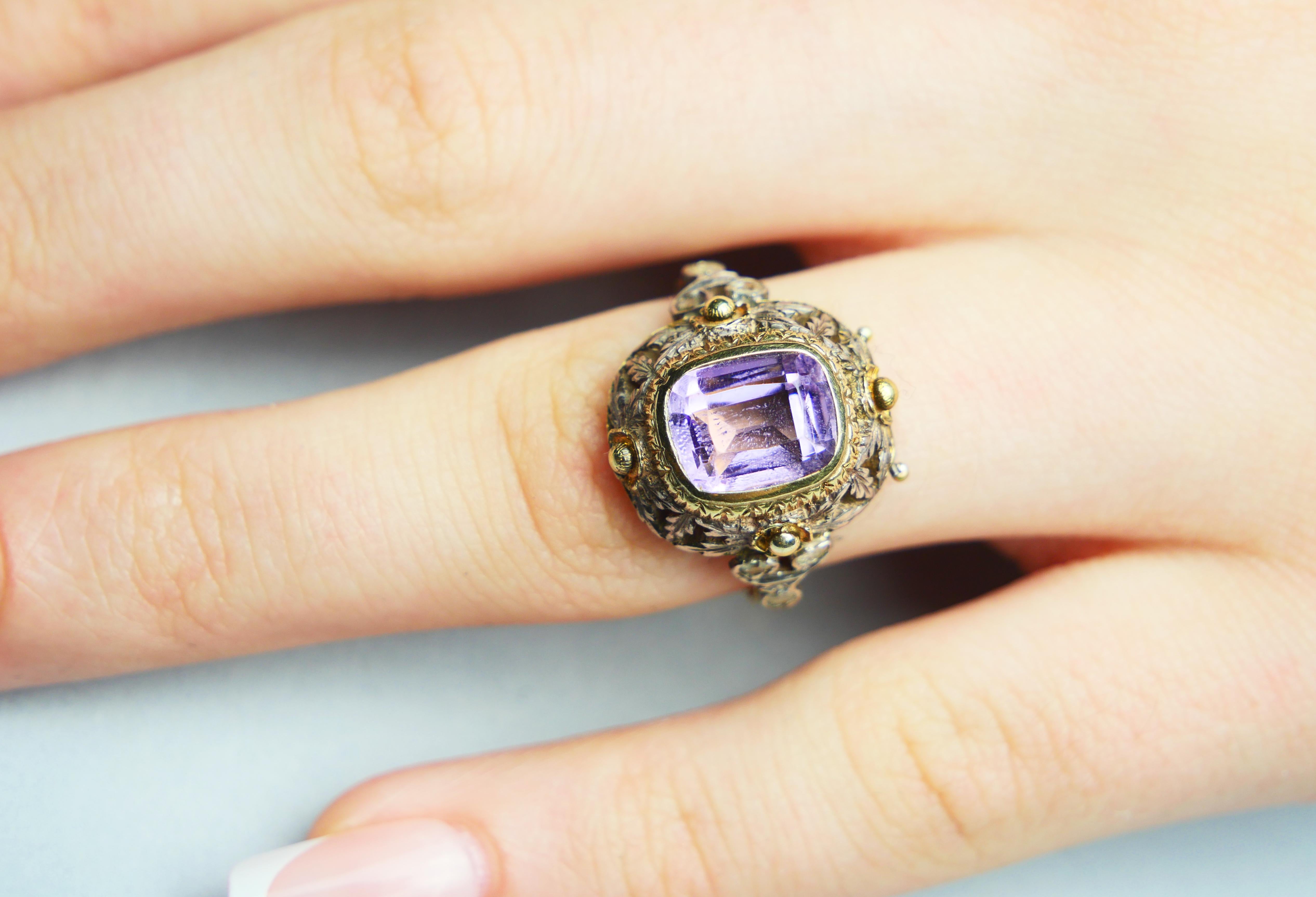 Antiker Vinaigrette Parfümring Amethyst Diamanten 14K Gelbgold Ø 8US/ 5.55gr im Angebot 6