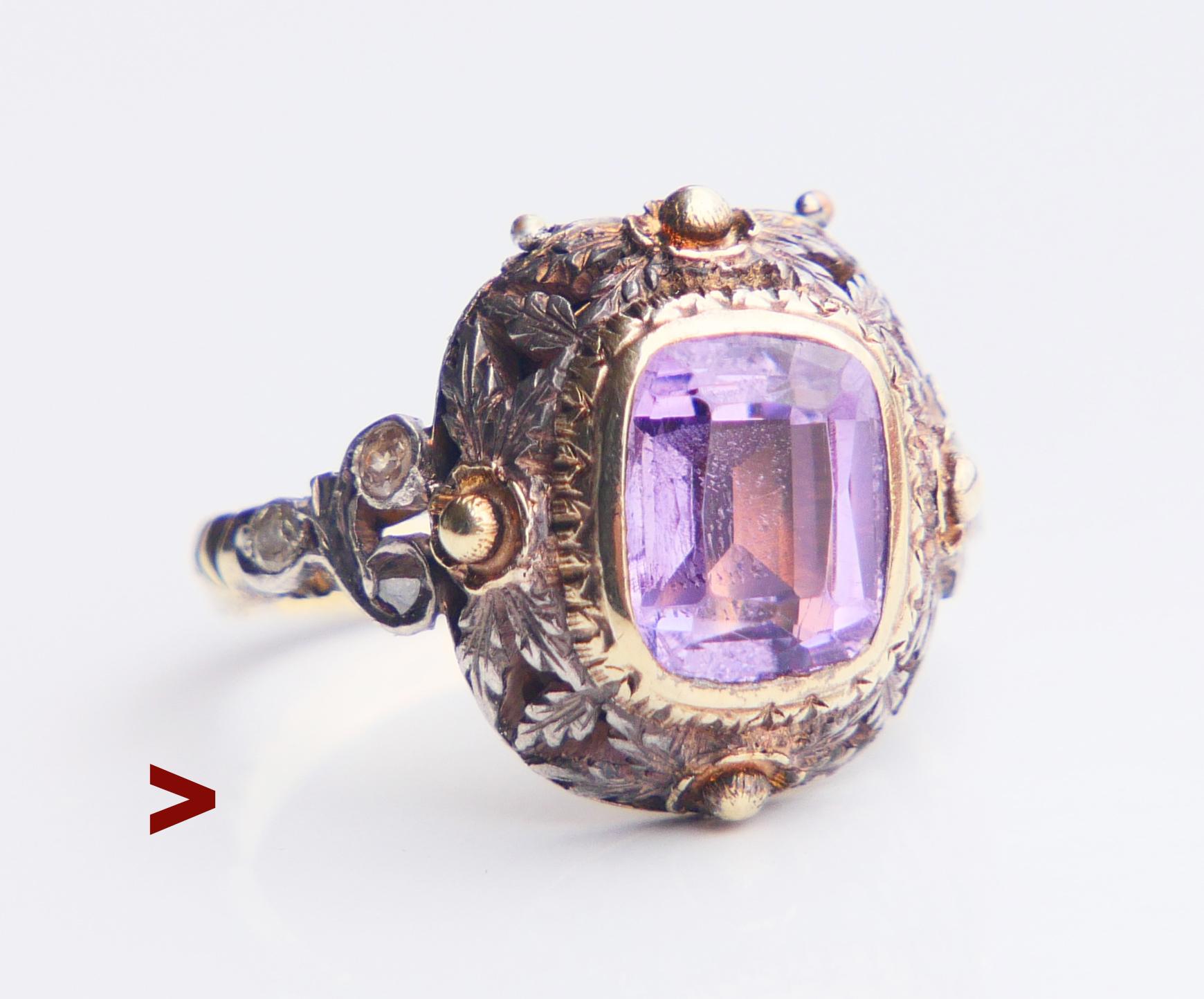 Altdeutsch ca. 19. Jh. erste Hälfte im Stil der Renaissance  Vinaigrette- oder Parfümring, verziert mit natürlichen Amethysten und Diamanten, mit einem durchbrochenen Klappdeckel, der sich öffnen lässt, um ein Schwämmchen oder ein Stück Watte