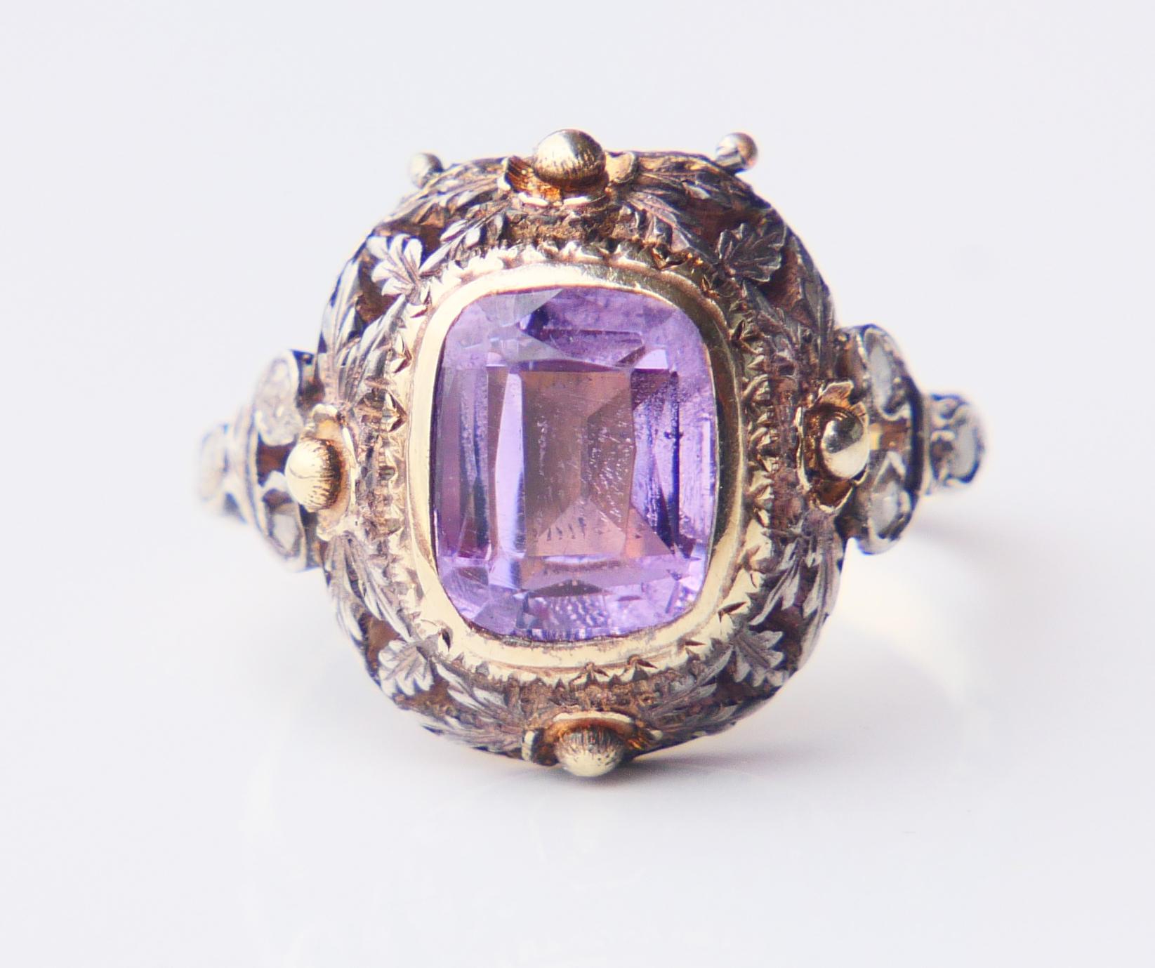 Antiker Vinaigrette Parfümring Amethyst Diamanten 14K Gelbgold Ø 8US/ 5.55gr (Neorenaissance) im Angebot
