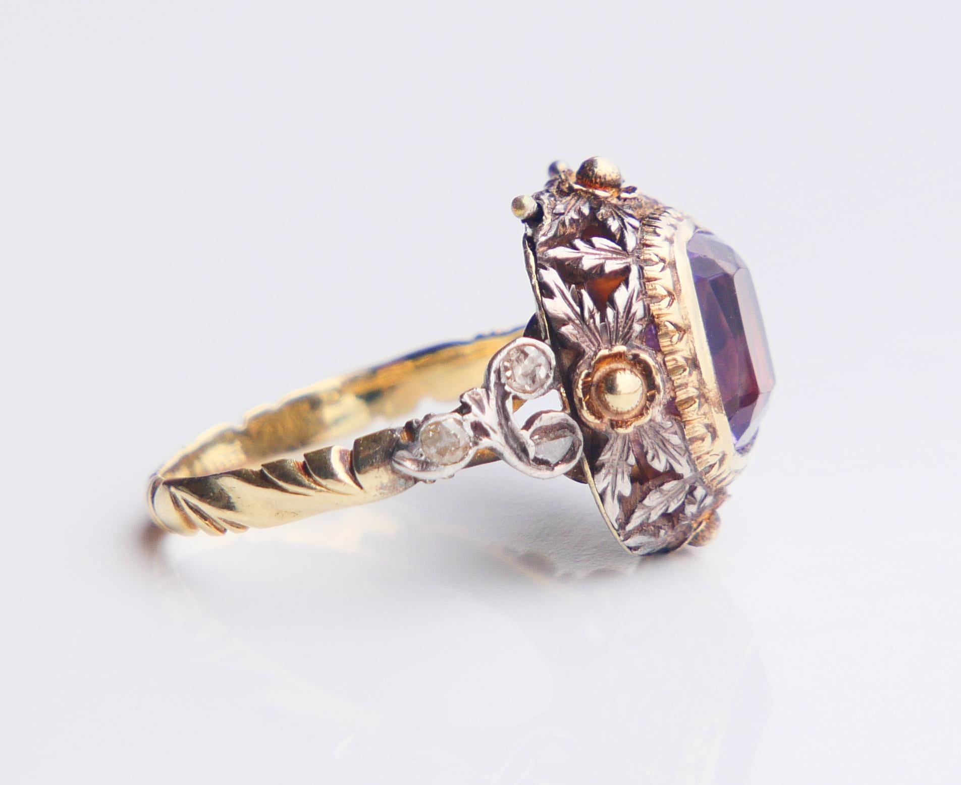Antiker Vinaigrette Parfümring Amethyst Diamanten 14K Gelbgold Ø 8US/ 5.55gr Damen im Angebot