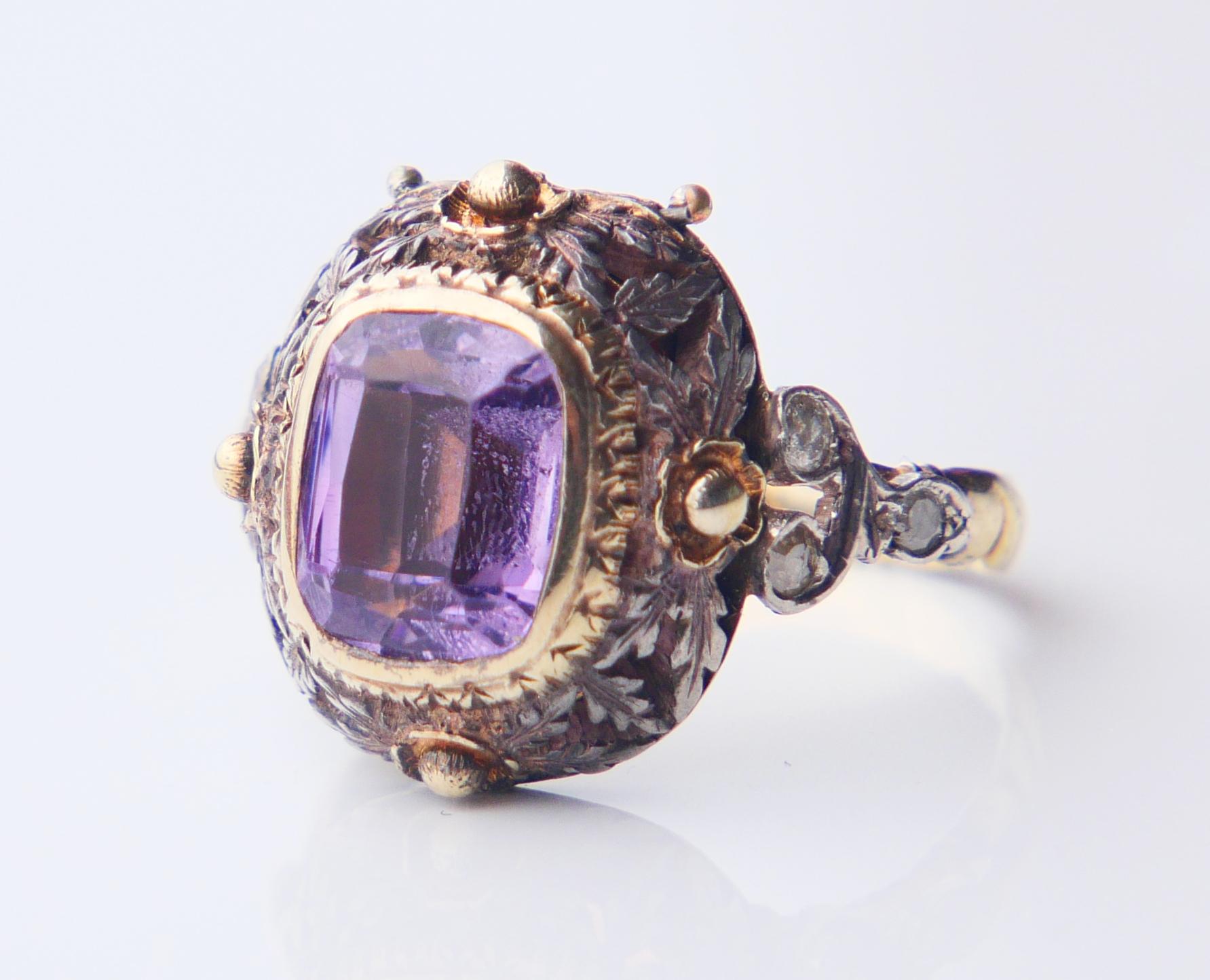 Antiker Vinaigrette Parfümring Amethyst Diamanten 14K Gelbgold Ø 8US/ 5.55gr im Angebot 1