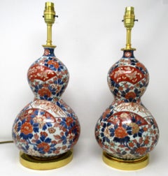 Antique Vintag Japanese Chinese Imari Porcelain Ormolu Table Lamps Blue Red Pair