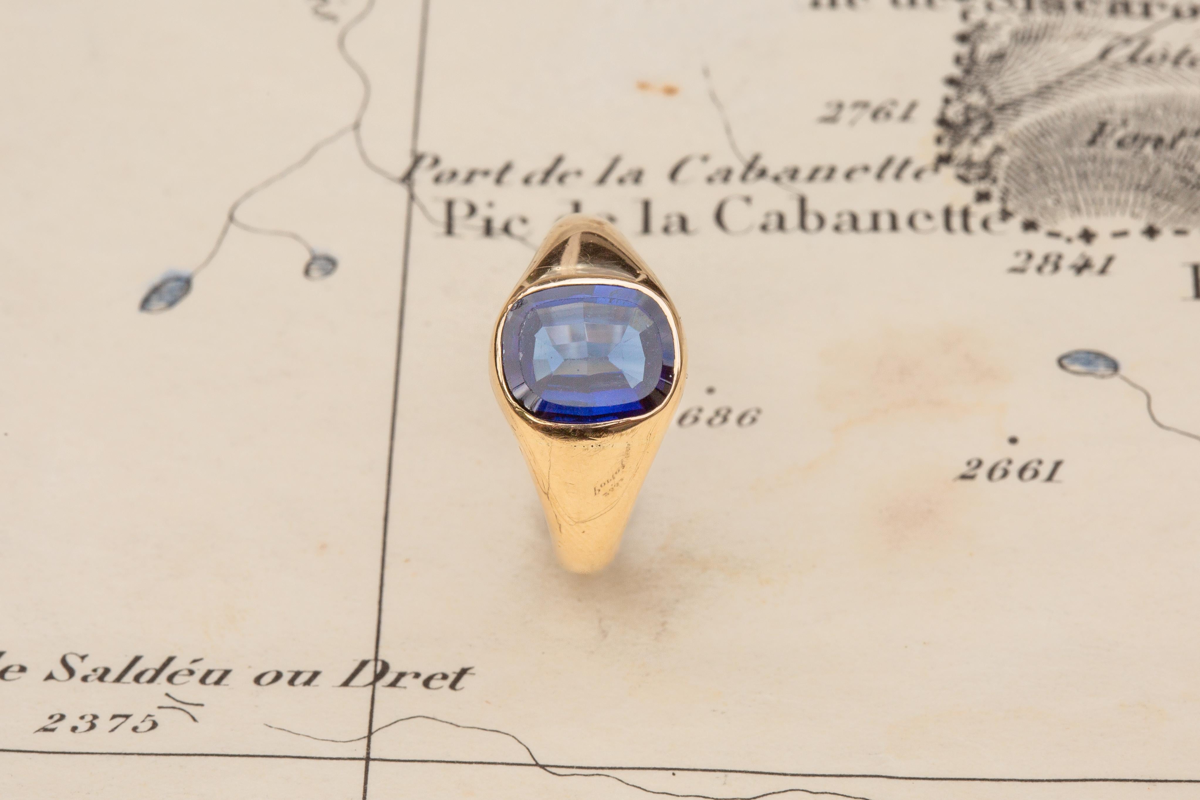 Antique Vintage 14k Gold Sapphire Solitaire Signet Ring, Midcentury, 1940s 3
