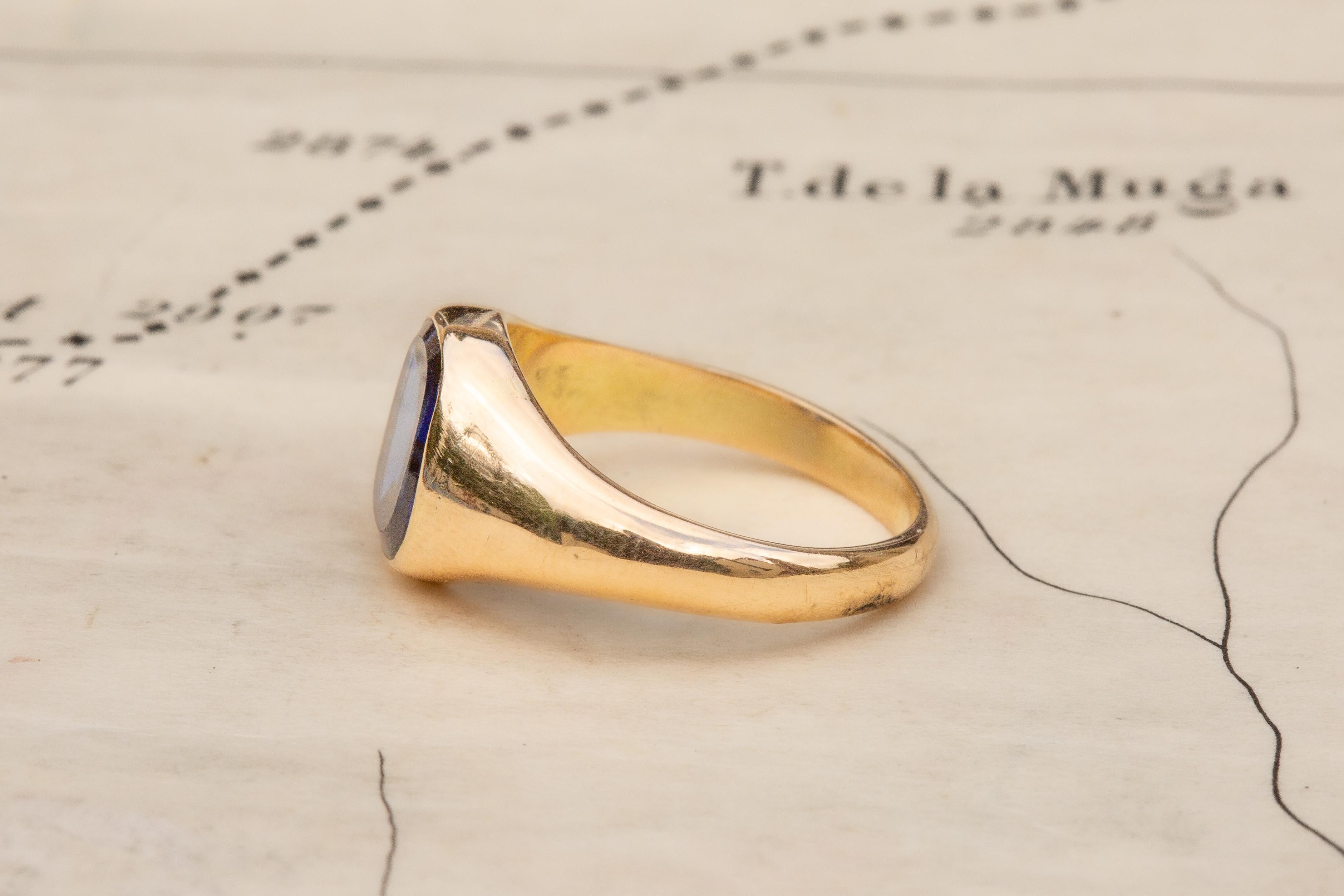 Retro Antique Vintage 14k Gold Sapphire Solitaire Signet Ring, Midcentury, 1940s