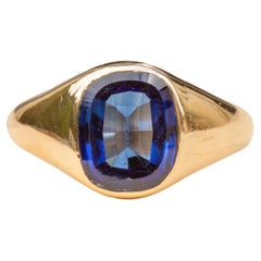 Antique Vintage 14k Gold Sapphire Solitaire Signet Ring, Midcentury, 1940s